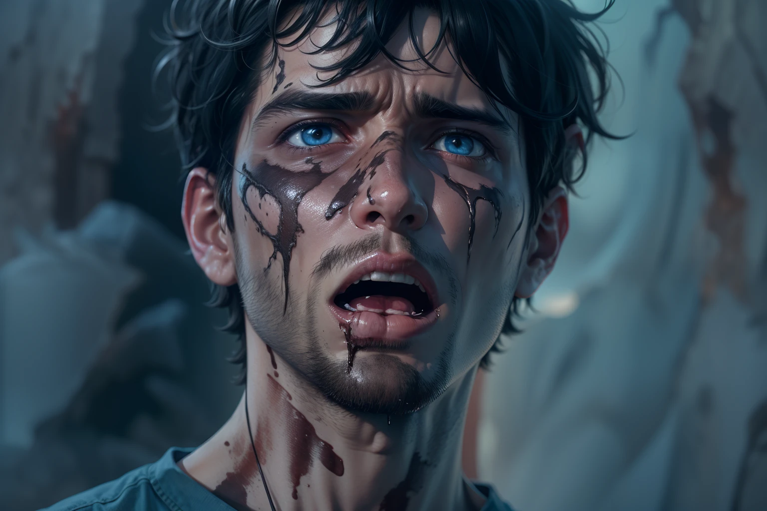 Ultra-realistic 8k image of a thin 25-year-old man, short black hair, dressed in a dirty blue button-up shirt and dirty jeans, expression of suffering, injuries, scenery of a dark plain with lava, darkness , suffering souls
