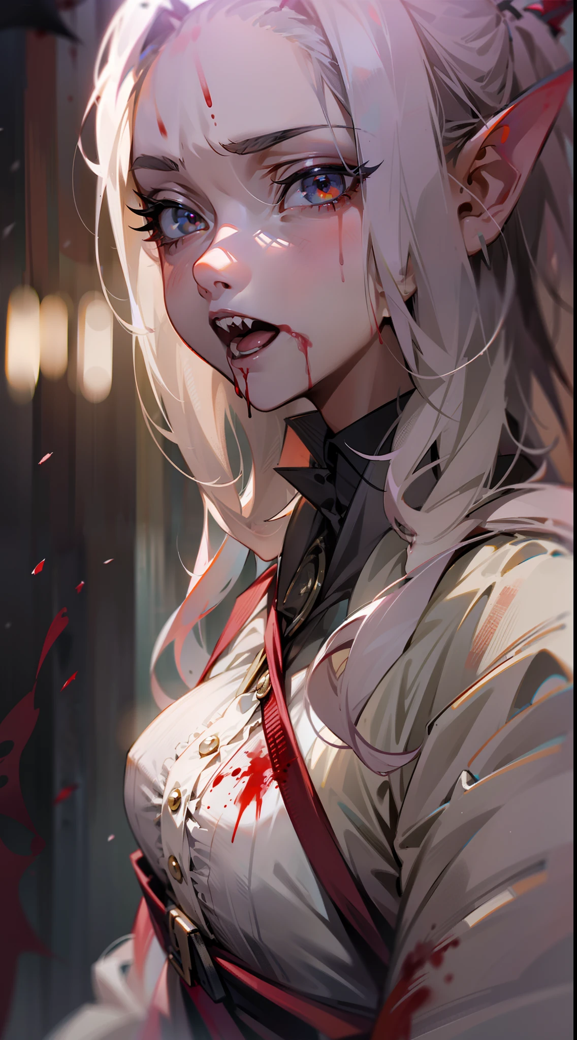 Handsome Count Vampire，closeup cleavage，head portrait，Open your mouth，long canine teeth，There is blood on the teeth，long whitr hair，（bleeding from the corners of her mouth：1.4），Blood splattered，the bats，depth of fields，dynamic blur，high light，Real light，Ray traching，oc rendered，Hyper-realistic，best qualtiy，8K，Works of masters，super-fine，Detailed pubic hair，Correct anatomy，sharp focus on eyes，Bokeh，Facial features are carefully depicted，