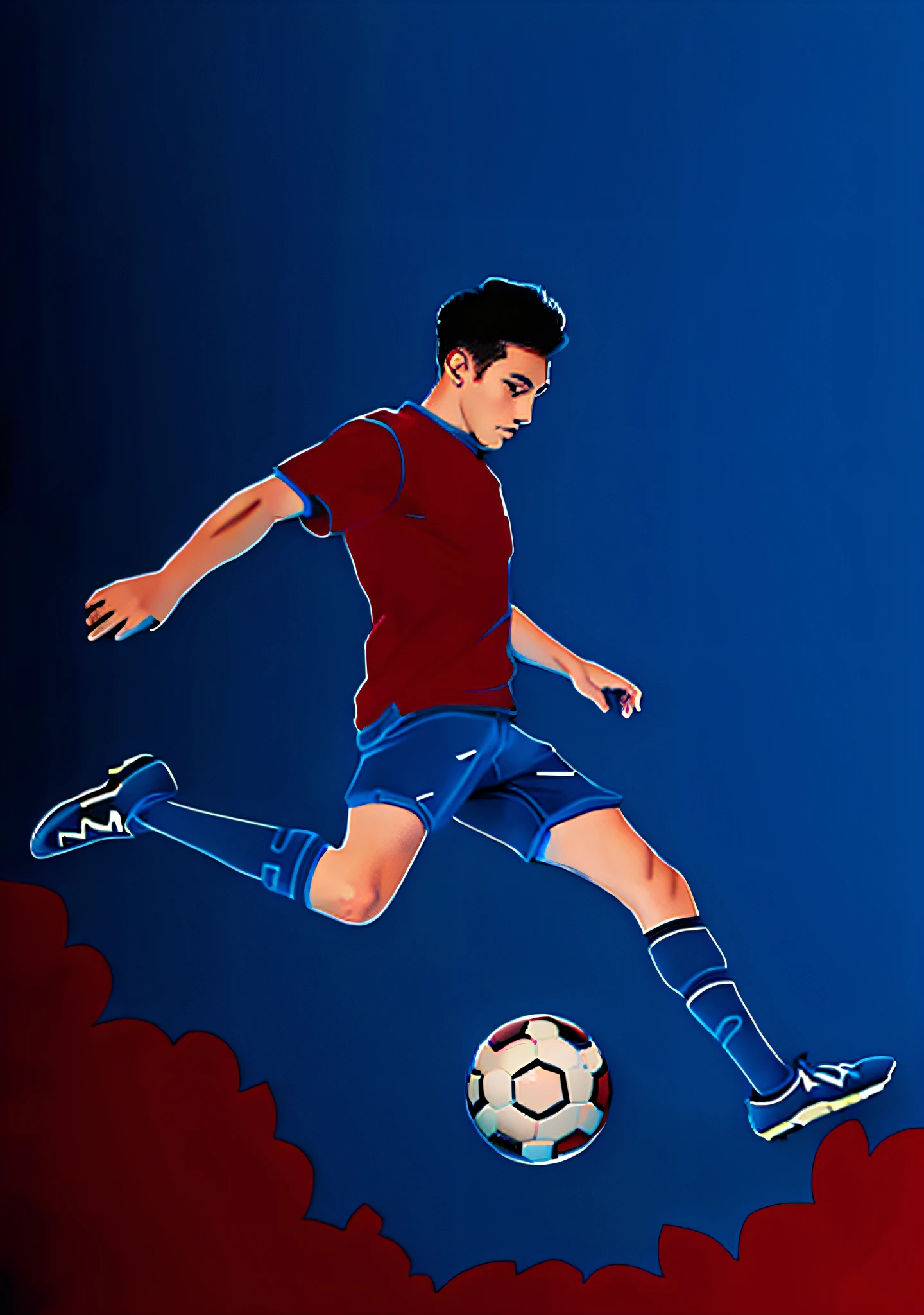 soccer player，Red T-shirt，blue short pants，