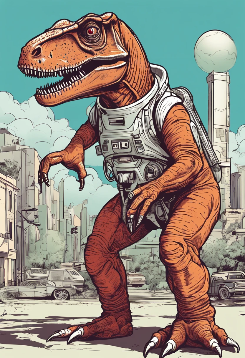 un t-rex animal con traje espacial, Linda imagen de estilo, fondo blanco, perfil, sticker, Fondo blanco limpio, vector profesional, High detail, T-shirt design, vibrante.