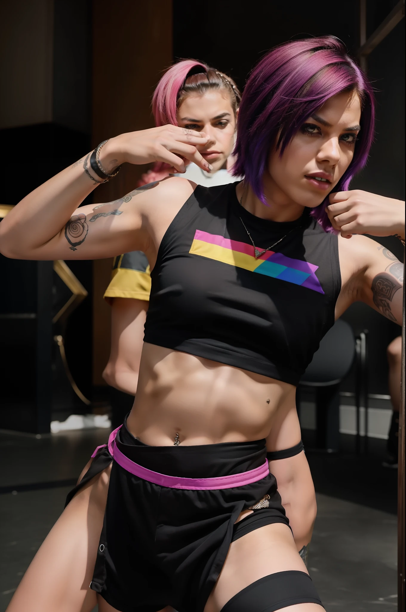 "Full-body LGBTQIA+ queercore androgynous tomboy with maximum charisma, fiercely winning a fight against their friends."