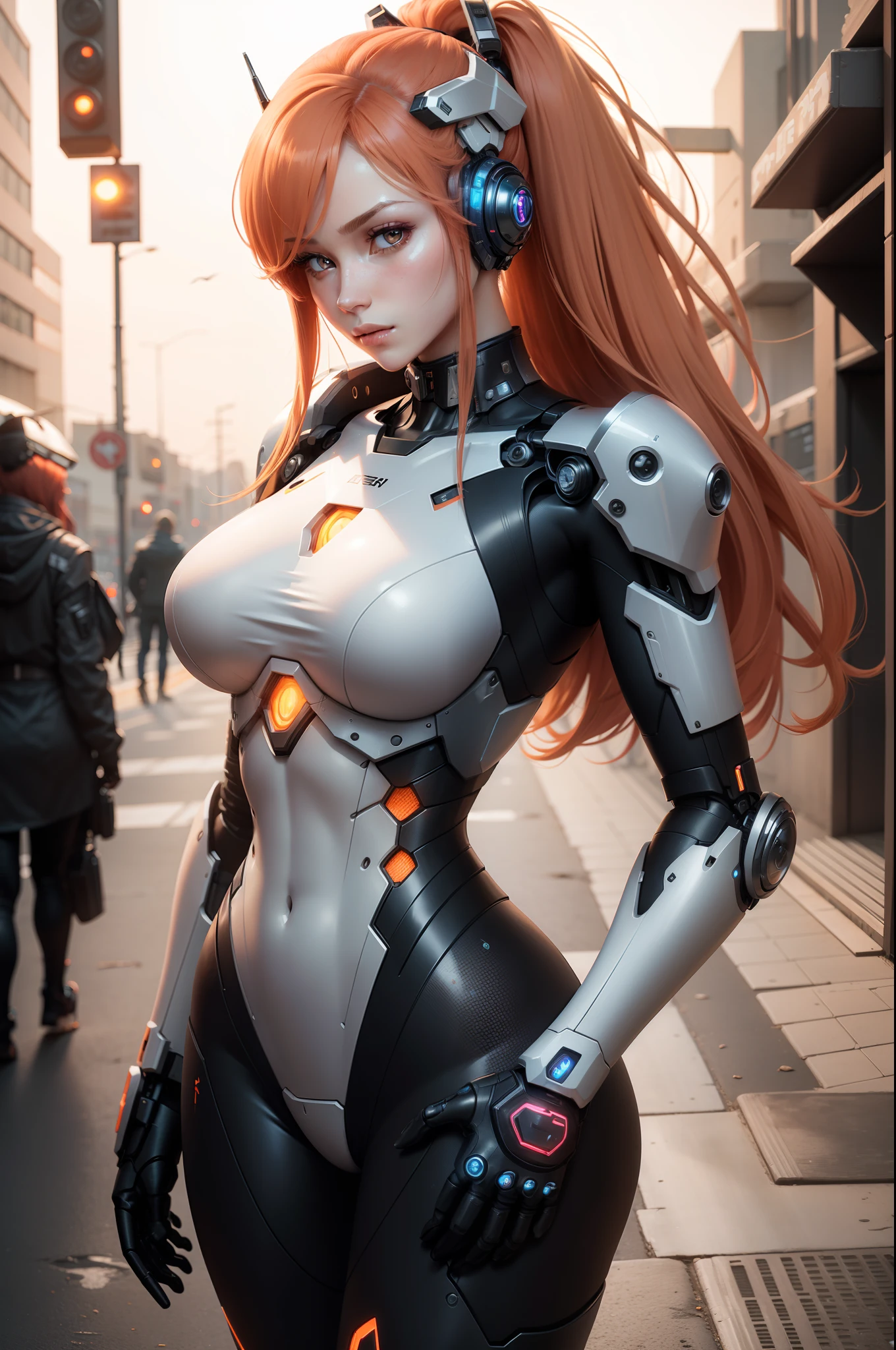 female,robot ,female,robot cyborg mech, peach hair, cyberpunk:0.35, perfect lighting, perfect shading, detailed, intricate, (perfect body), beautiful face, flowing hair, ((full torso)), photorealistic:1.35, mature adult:1.4,