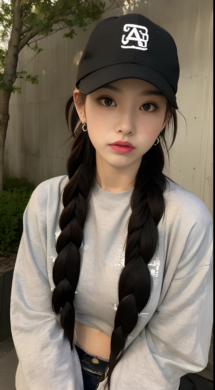 ((top-quality、8K、masterpiece:1.3))、foco nítido:1.2、Beautiful woman with perfect body:1.4、Slim abdomen:1.2、((Layered Haircut、Colossal tits:1.2))、 、(Sateen、a street:1.2)、Wet body:1.1、Highly detailed facial and skin texture、 A detailed eye、二重まぶた、wearing a baseball cap、(((Street attire)))、Long sleeves with braided see-through braided top on tank top