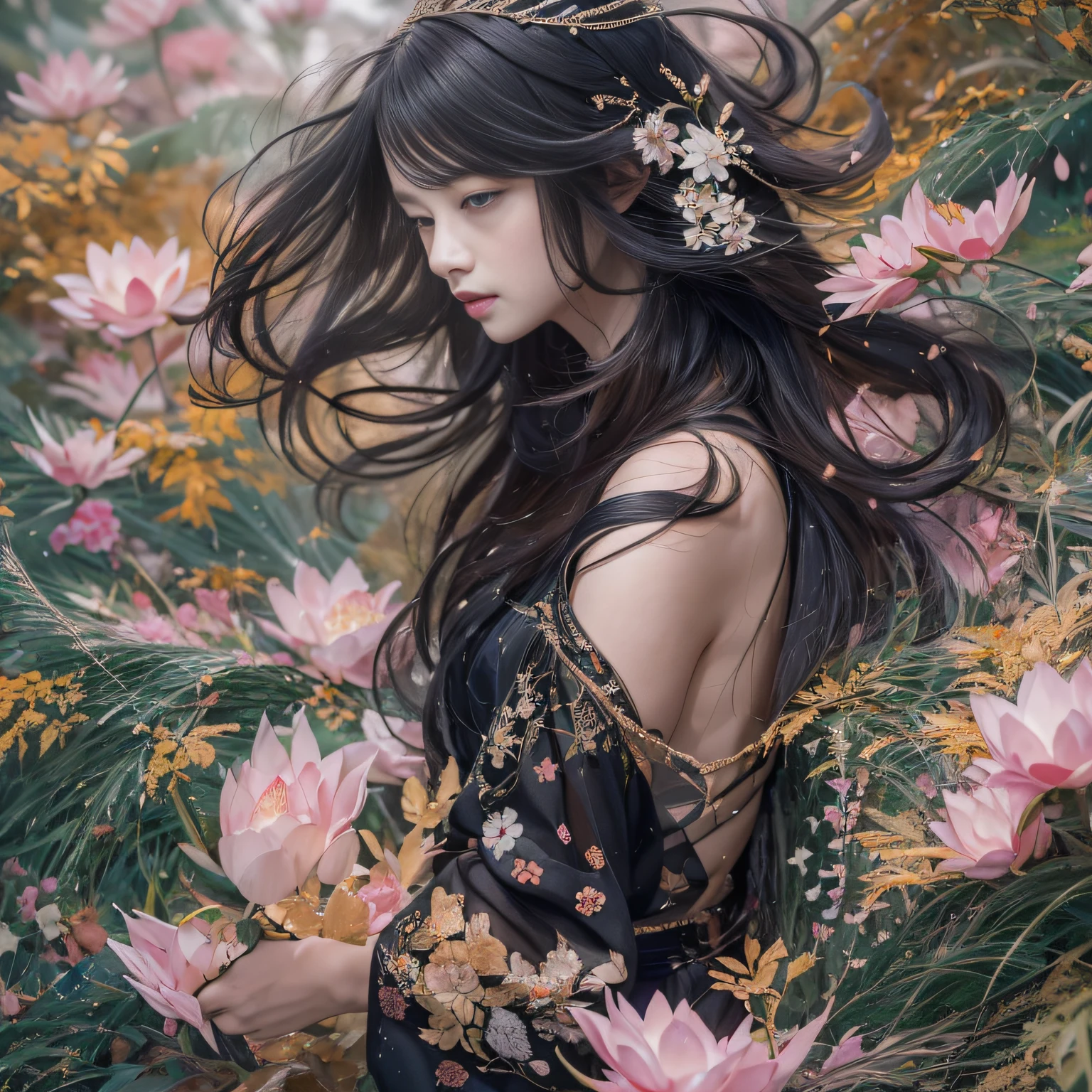 32K(tmasterpiece,k hd,hyper HD,32K)Long flowing black hair,ponds,zydink, a color, Xuzhou people (Silly girl), (Silk scarf), Combat posture, looking at the ground, long whitr hair, Floating hair, Carp pattern headdress, Chinese long-sleeved clothing, (Abstract gouache splash:1.2), Pink petal background,Pink and white lotus flowers fly(realisticlying:1.4),Black color hair,Fallen leaves flutter,The background is pure, A high resolution, the detail, RAW photogr, Sharp Re, Nikon D850 Film Stock Photo by Jefferies Lee 4 Kodak Portra 400 Camera F1.6 shots, Rich colors, ultra-realistic vivid textures, Dramatic lighting, Unreal Engine Art Station Trend, cinestir 800,Long flowing black hair,see-through transparent clothes