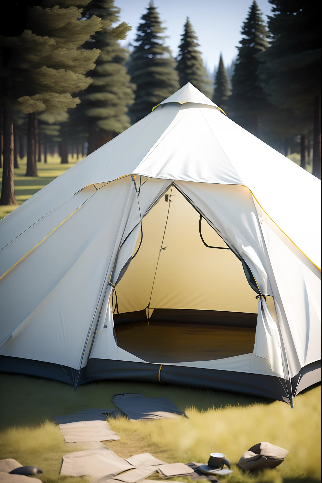 There was a tent sitting on the grass, tenten, interior of a tent, glamping, tenten, tent architecture, camping, detailed wide shot, camp, ancient interior tent background, camp, detailed with high quality, En plein air, accurate and detailed, Barrel fires and tents, teepee, shutter inventory, highly detailed render, adventure hyper realistic render