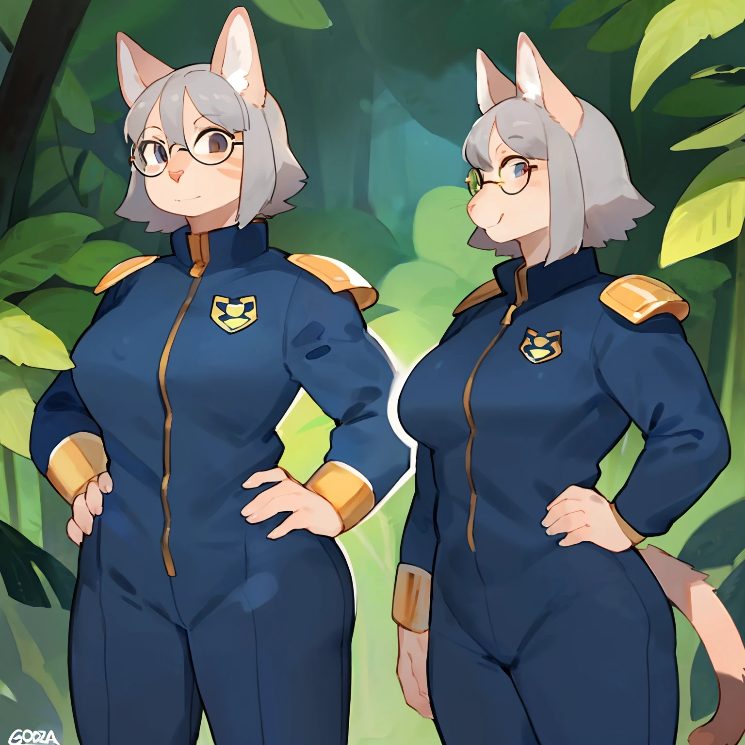 by bebebebebe, by goonie-san, by bigcozyorca, by buta99, solo, female, standing, feline, (((detailed eyes, rectangular glasses))), ((snout)), tail, navy blue spacesuit with gold accents, gold shoulder pads, muscular, standing in a rainforest, furless cat, sphinx cat, pink skin, (grey hair), hands on hips