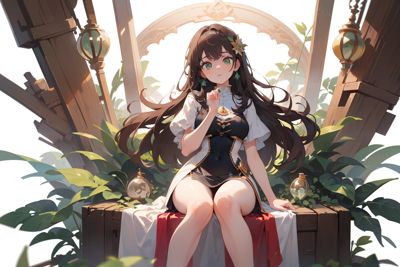 (masterpiece), (best quality), ultra high res, sharp focus, ((1 woman, solo)), full body, character design, (white background:1.2), beautiful detailed hair, chestnut brown hair, long hair tumbles down, beautiful detailed face, ((beautiful shape eyes, green eyes)), perfect feminine face, hourglass body shape, feminine light outfit