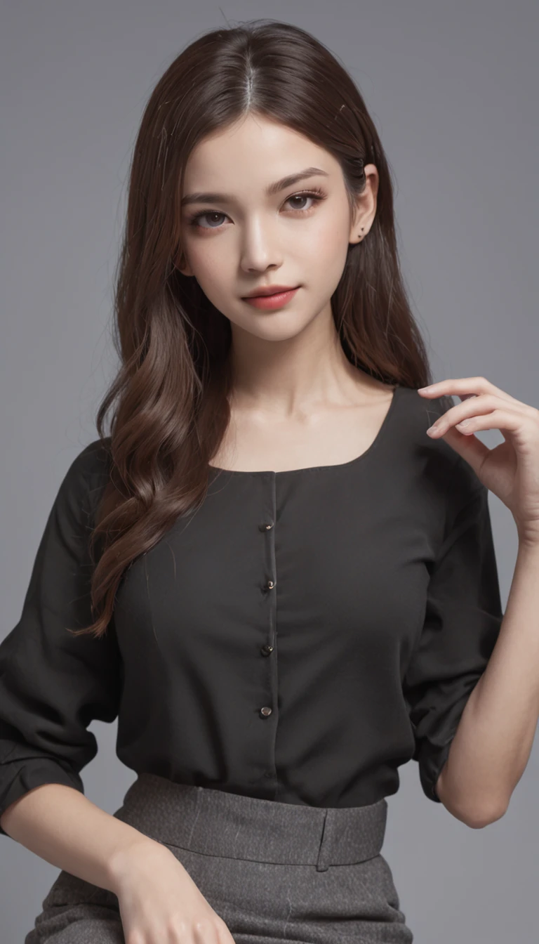best qualtiy，tmasterpiece，超A high resolution，(Photorealsitic),（realisticlying：1.4），RAW photogr，1girll，(Full body photo，inside in room，sit a chair，legs crossed)，good looking face，slim，Dignified，Small fresh，（White collar blouse，Black short skirt），ssmile，cabelos preto e longos，Beautiful Hair Accessories，Beautiful teenage girl，Detailed scene, beautiful digital illustrations, detaileds，ultra-detailliert, cinematic quality, (Beauty and aesthetics，big breasts beautiful)，Correct hand，anatomy correct, ((From below))