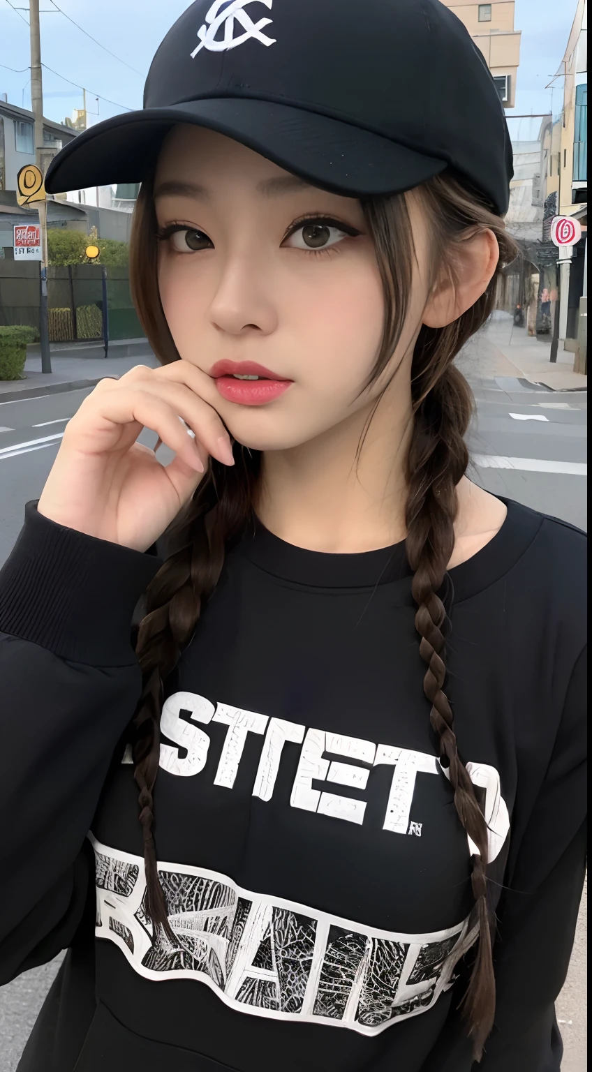 ((top-quality、8K、masterpiece:1.3))、foco nítido:1.2、Beautiful woman with perfect body:1.4、Slim abdomen:1.2、((Layered Haircut、Colossal tits:1.2))、 、(Sateen、a street:1.2)、Wet body:1.1、Highly detailed facial and skin texture、 A detailed eye、二重まぶた、wearing a baseball cap、(((Street attire)))、Long sleeves with see-through braided top braided at tank top