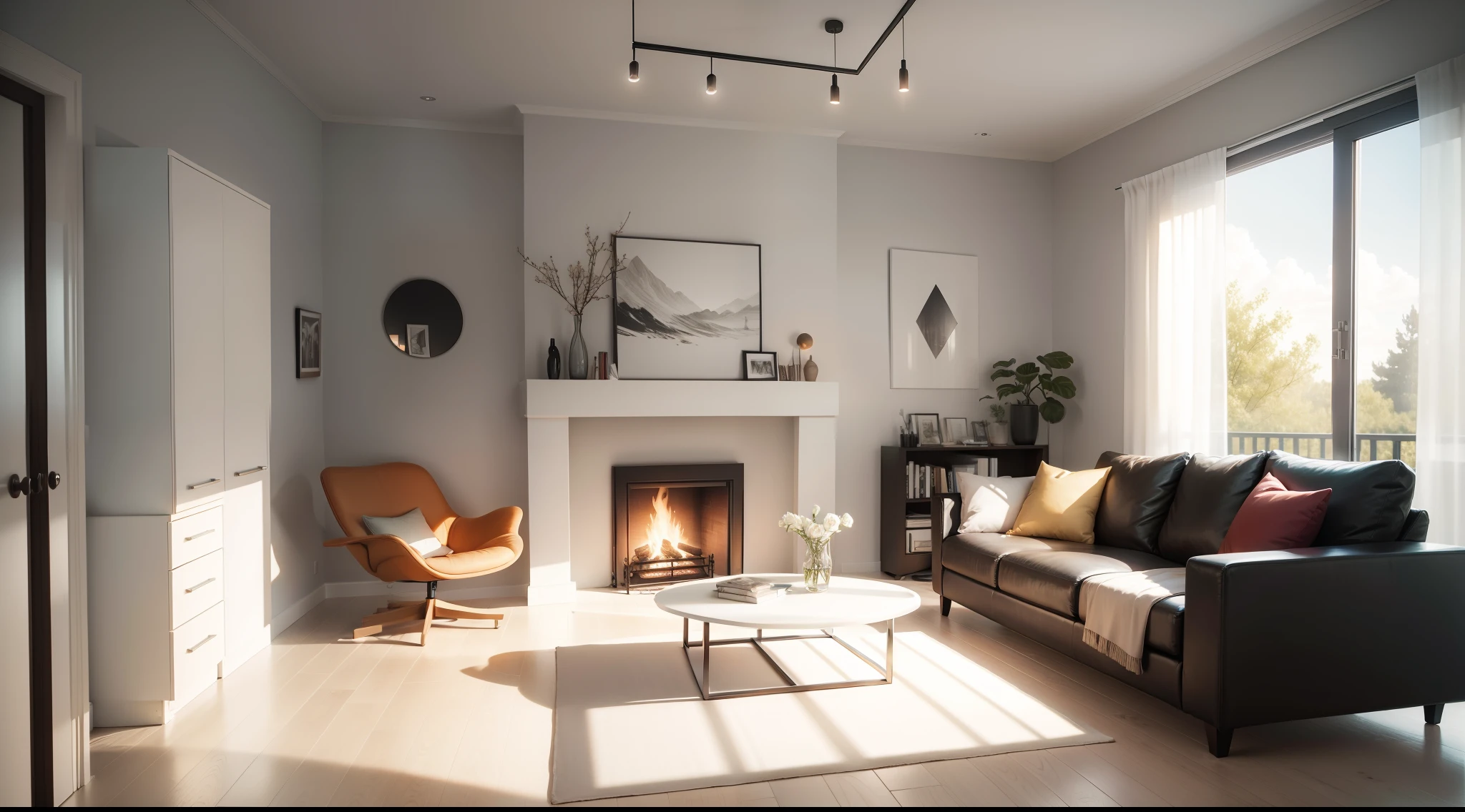 a modern room with a fireolace on with furnitures around with a light palete of color