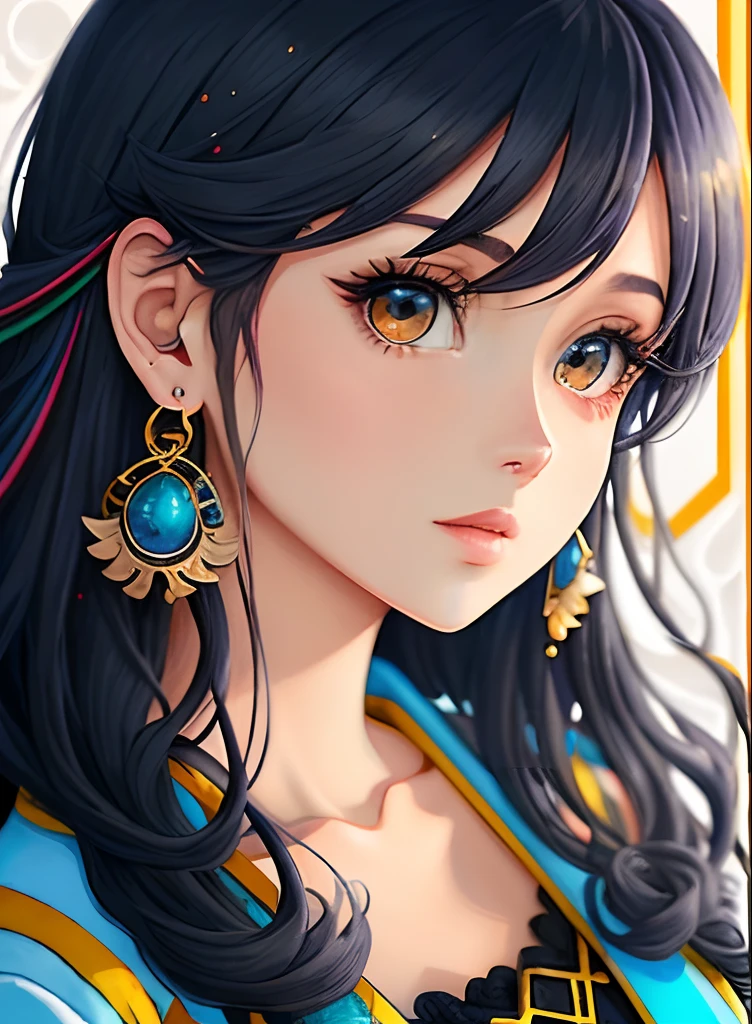 ((qualidade superior)), ((obra prima)), ((realisitic)), (Detalhes),animesco、estilo anime、 (1 mulher）Earrings accessories only、Close up retrato da mulher com cabelo castanho escuro、Olhos brilhantes muito bonitos, Como vidro cristalino、Tampos、summer outfit、4K high-definition digital art、stunning digital illustration、Impressionante arte 8K、arte de fantasia digital colorida、colorido e brilhante、belas obras de arte digitais、Arte Anime Digital Colorida、Retrato da mulher bonita、8K HD Arte Digital Wallpaper、 lindo pintura digital