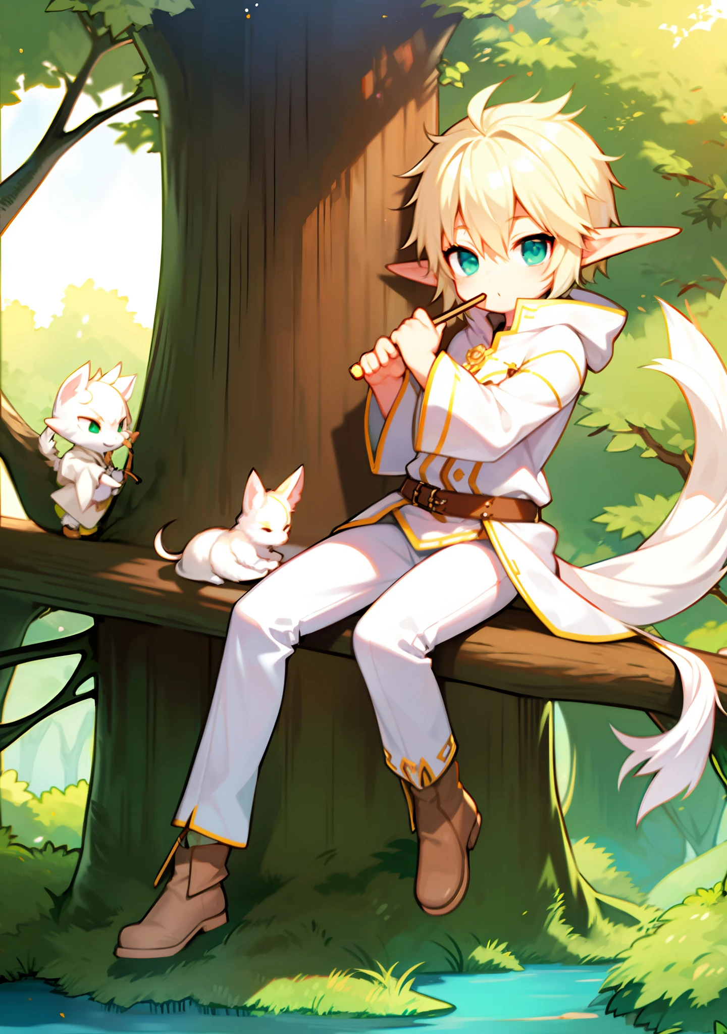 e boy。Sit on a branch。Hold the flute with both hands，Put it to your mouth。Piper，Shake your legs。Elf pointed ears。White dye。genie。Ranger。Green hooded trench coat。Brown leather boots。kotori