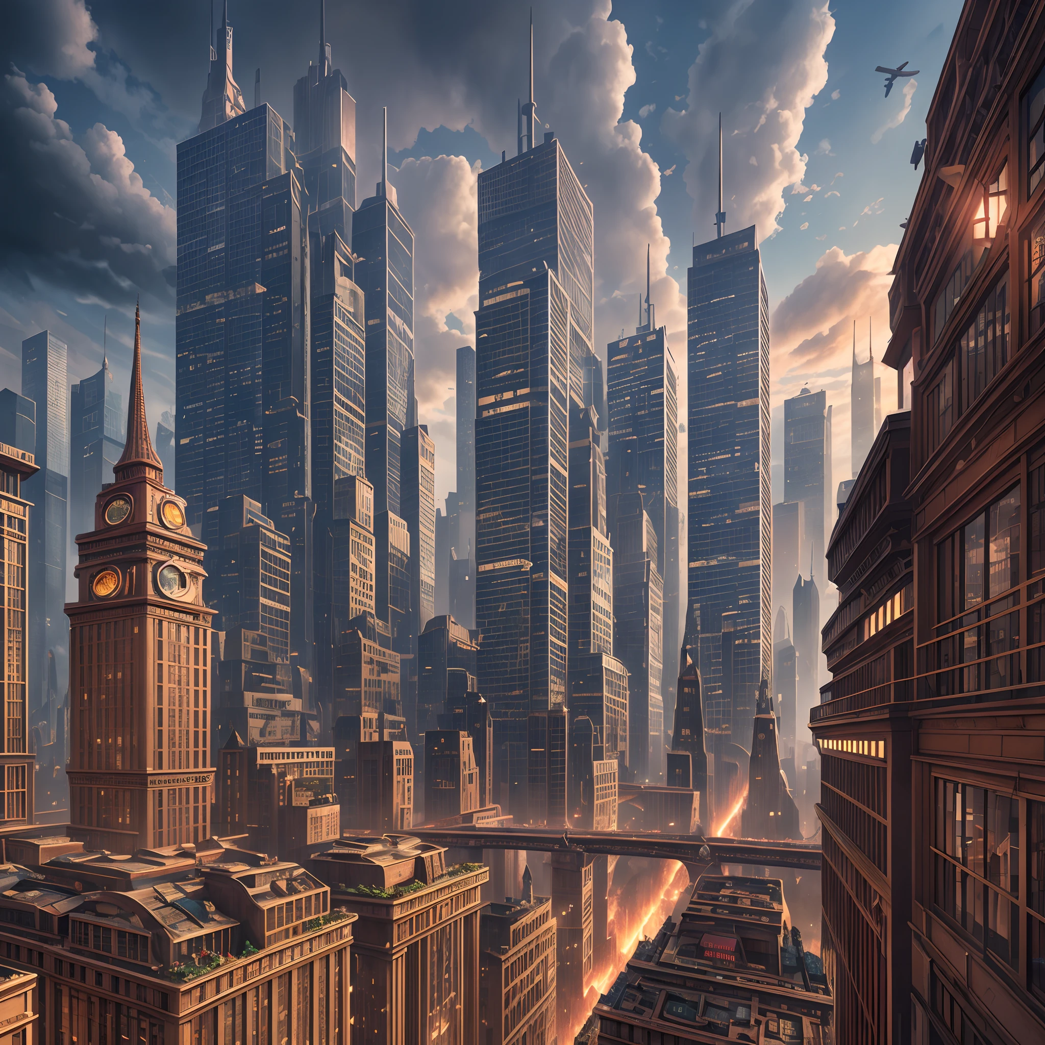 "Main city": A steampunk metropolis suspended in the clouds, towering skyscrapers, Intricate bridges, and airships gliding between buildings, surrealism, color field printing, High detail, hyper HD, 8K, Anatomically correct, cinematic lighting 4d quality