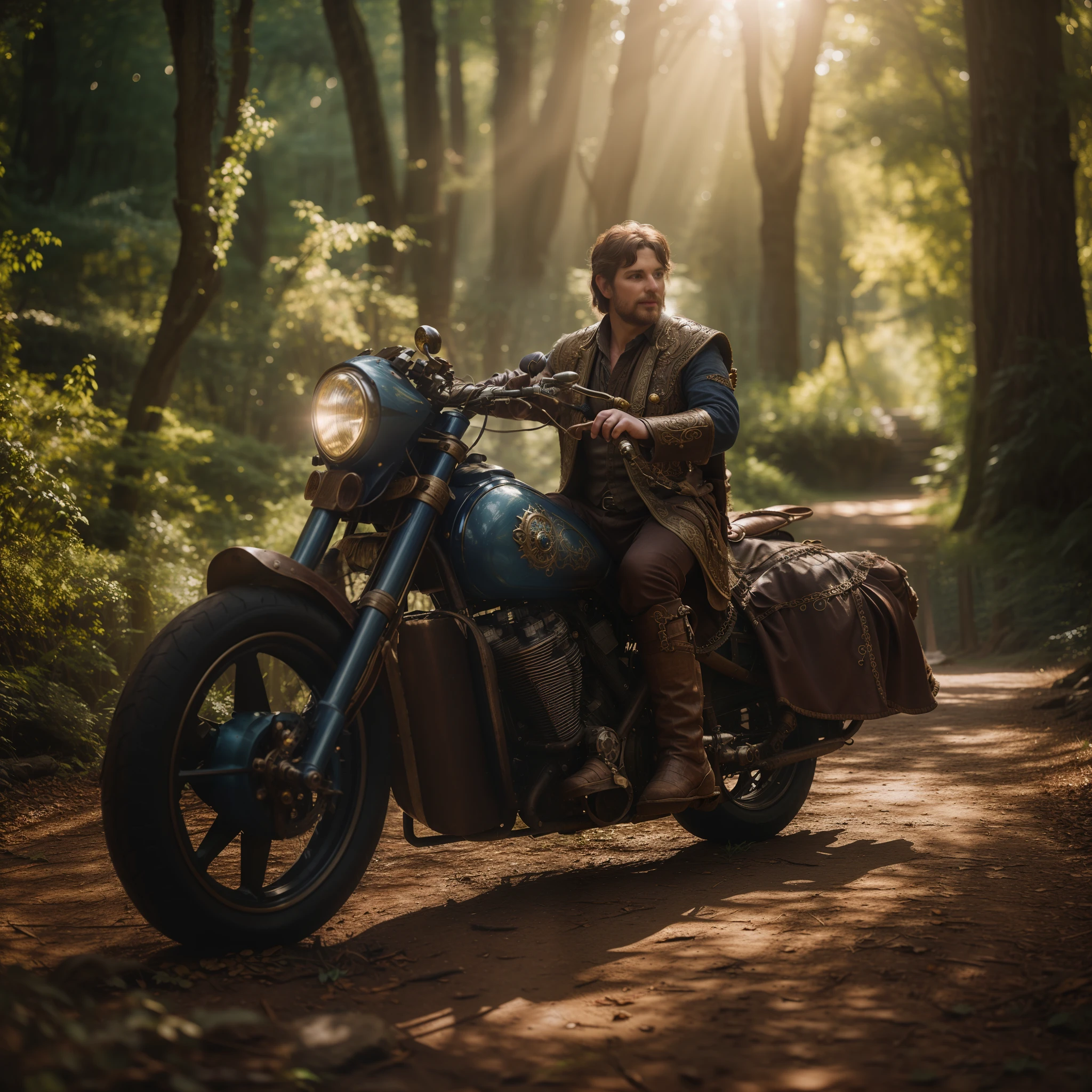 Hyper-realistic portrayal, fantasy realm, mythical steampunk motorcycle, ornate detailing, enchanted forest setting, dappled sunlight, elven rider, flowing robes, poised for adventure, mystical atmosphere, magical artifacts, ethereal glow, ancient ruins in background, soft backlight, dreamlike ambiance, 135mm lens, Nikon Z6, dreamy bokeh, HDR enhancement, 8k resolution, epic quest inspiration, awe-inspiring beauty.