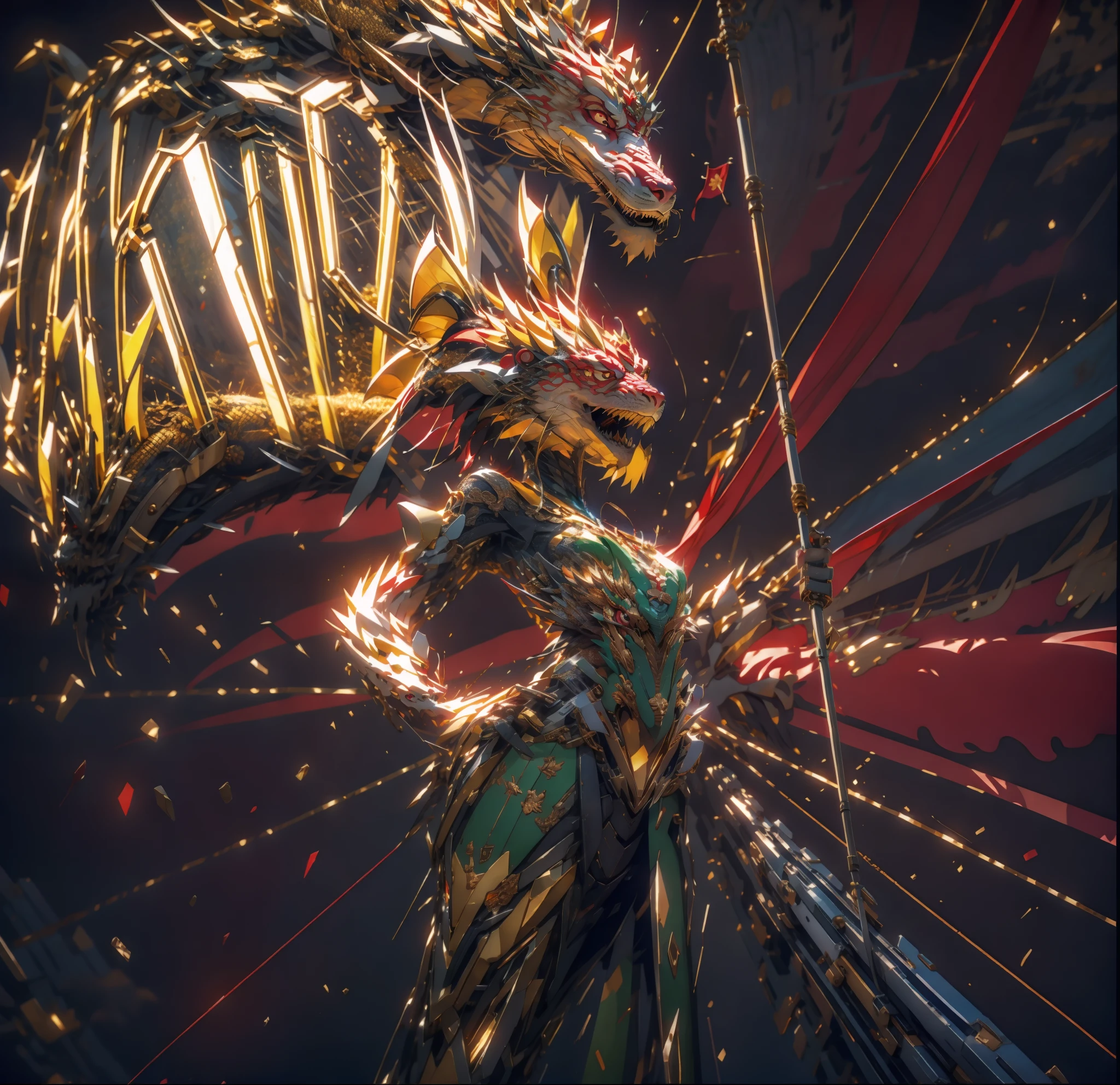higher detailed，tmasterpiece，4K，chinesedragon，Raise the flag