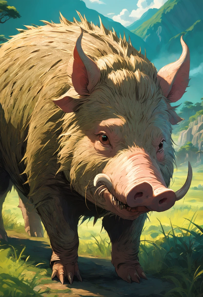 This is a surreal 32K China、Portrait of the mythical beast wild boar,Capture every pore and texture with delicate texture and form,A huge wild boar with golden stripes,Pig's Nose,Contrast with the surrounding landscape,((Super massive)),green color,In the background are the sky,huge tusks,Unreal Engine5,Dreamy scenes,Shocking。Refer to Stephen Chow's movie《Journey to the West》