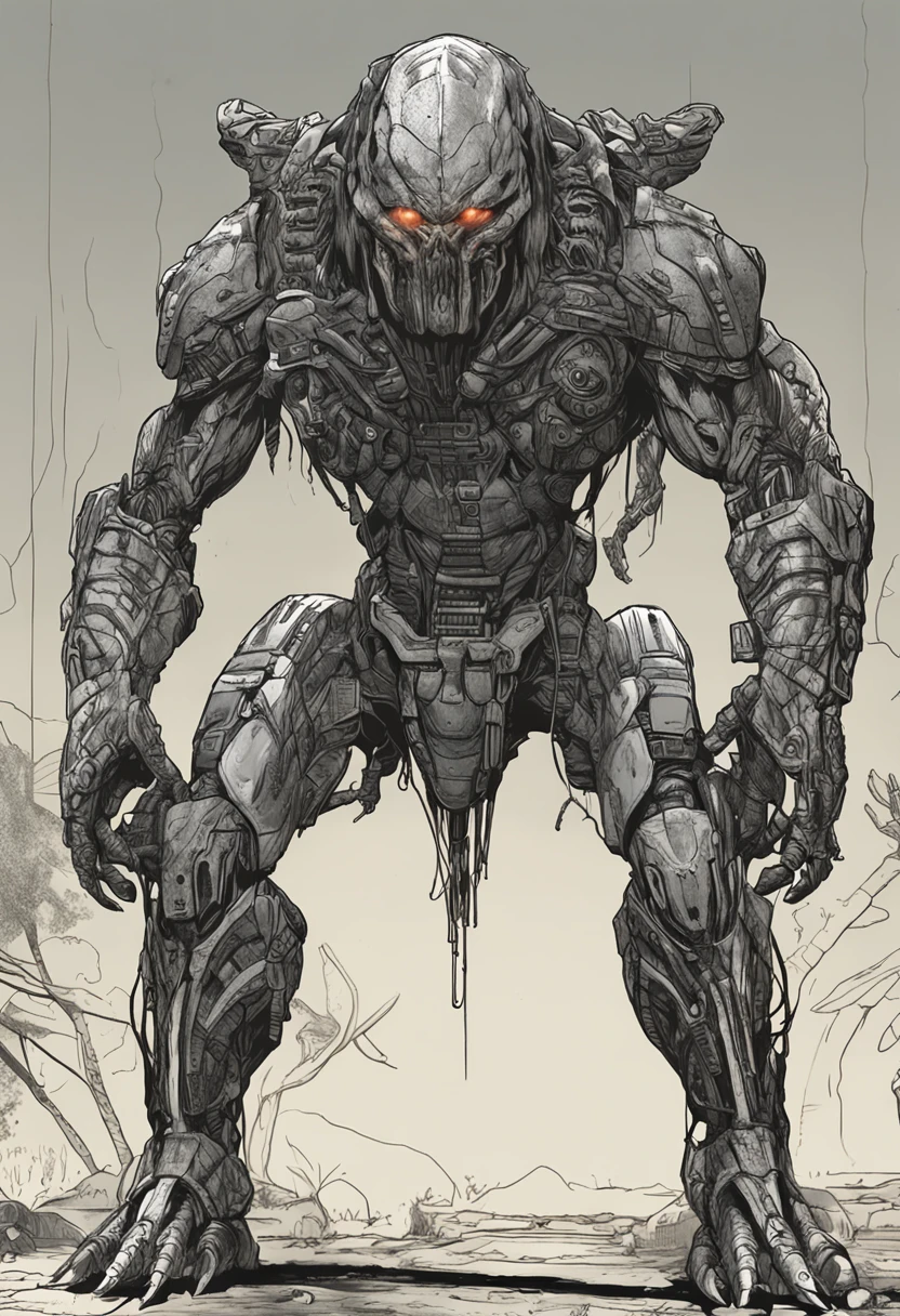 Crie uma imagem realista do Predador, The iconic alien hunter from the film franchise "Predador". The Predator is an intimidating and formidable creature, com aproximadamente 2,5 metros de altura. Their skin is a greyish-green hue and features scaly, rough textures that blend in with the environment.

He wears intricate technological armor, that combines organic elements with advanced technology. His armor has metal plates adorned with carved details, cobrindo seu peito, ombros, arms and legs. A cloak made of a tenuous material flows behind him, adding a dramatic twist.

The Predator's face is an intriguing fusion of alien biology and biomechanical implants. Your V-shaped jaw can open to reveal rows of sharp, fleshy teeth. Seus olhos brilham em tons inquietantes de amarelo e vermelho, emitindo uma aura sinistra. A ridge of bones extends over his head, giving it a majestic appearance.

Equipped for hunting, o Predador carrega uma variedade de armas impressionantes. A curved blade is attached to your arm, pronta para ser desembainhada em um instante. A tech backpack fits on your back, fornecendo energia para seus equipamentos. In one hand, Holds its characteristic plasma cannon, capable of firing devastating energy projectiles.

A imagem deve retratar o Predador em uma pose que exiba sua natureza feroz e determinada. Dramatic lighting should highlight skin textures, a complexidade da armadura e a intensidade dos olhos. The background environment should suggest the dense and enigmatic jungle from which the Predator often emerges to hunt its prey.

Be sure to capture the imposing and legendary essence of the Predator, a skilled and feared hunter who has captivated audiences over the years.