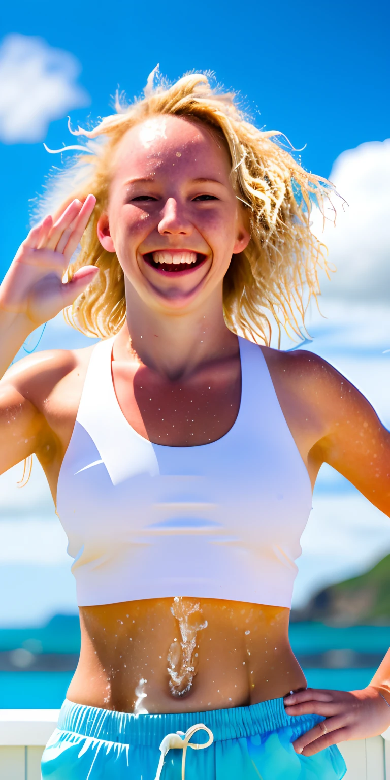 European girl, ,blue eyes, Blonde both side ponytails,deep navel,Sweaty,cleavage, wet body, realistic,shinny body,small smile,white shirt,white short pant with black belt,sunny weather, sexy, blue sky background,white shoes,cute face
