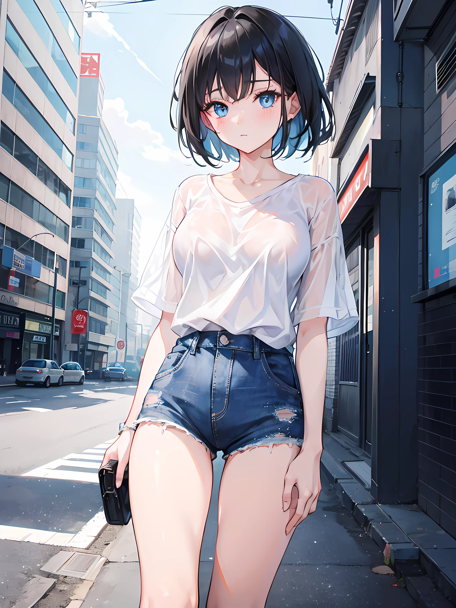 1girl, short black hair, blue eyes, wearing plain white shirt, denim shorts, city, absurdres, high res, ultrasharp, 8K, masterpiece, looking at viewer