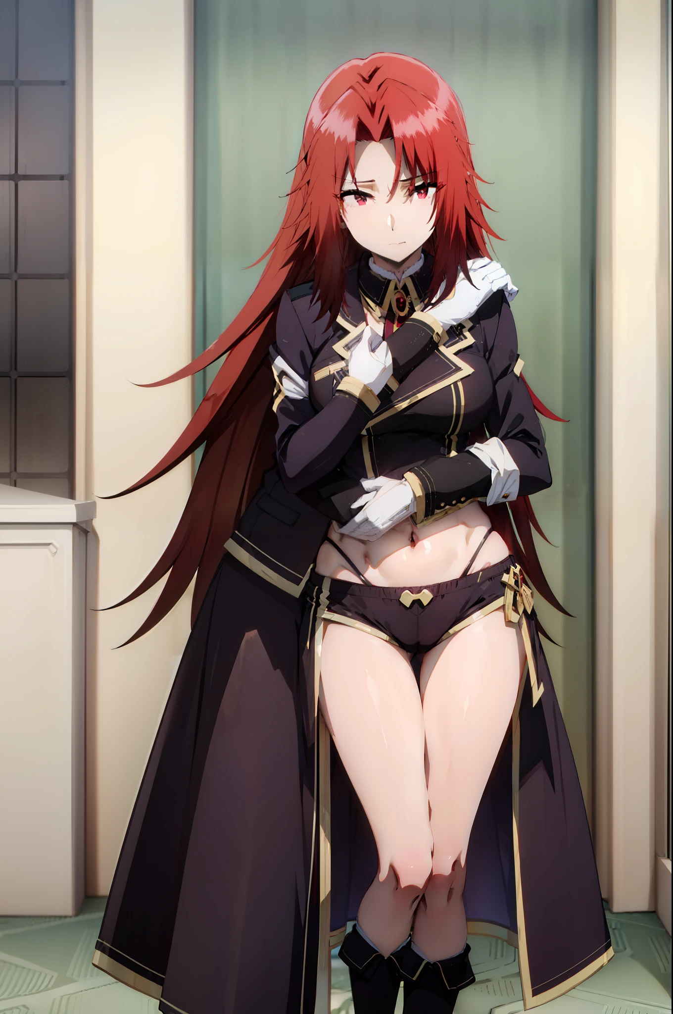 senna 1girl, 1boy, thigh sex, , crop top, highleg panties, mature male, grabbing, hug from behind,, masterpiece, best quality, highly detailed,red eyes,red hair