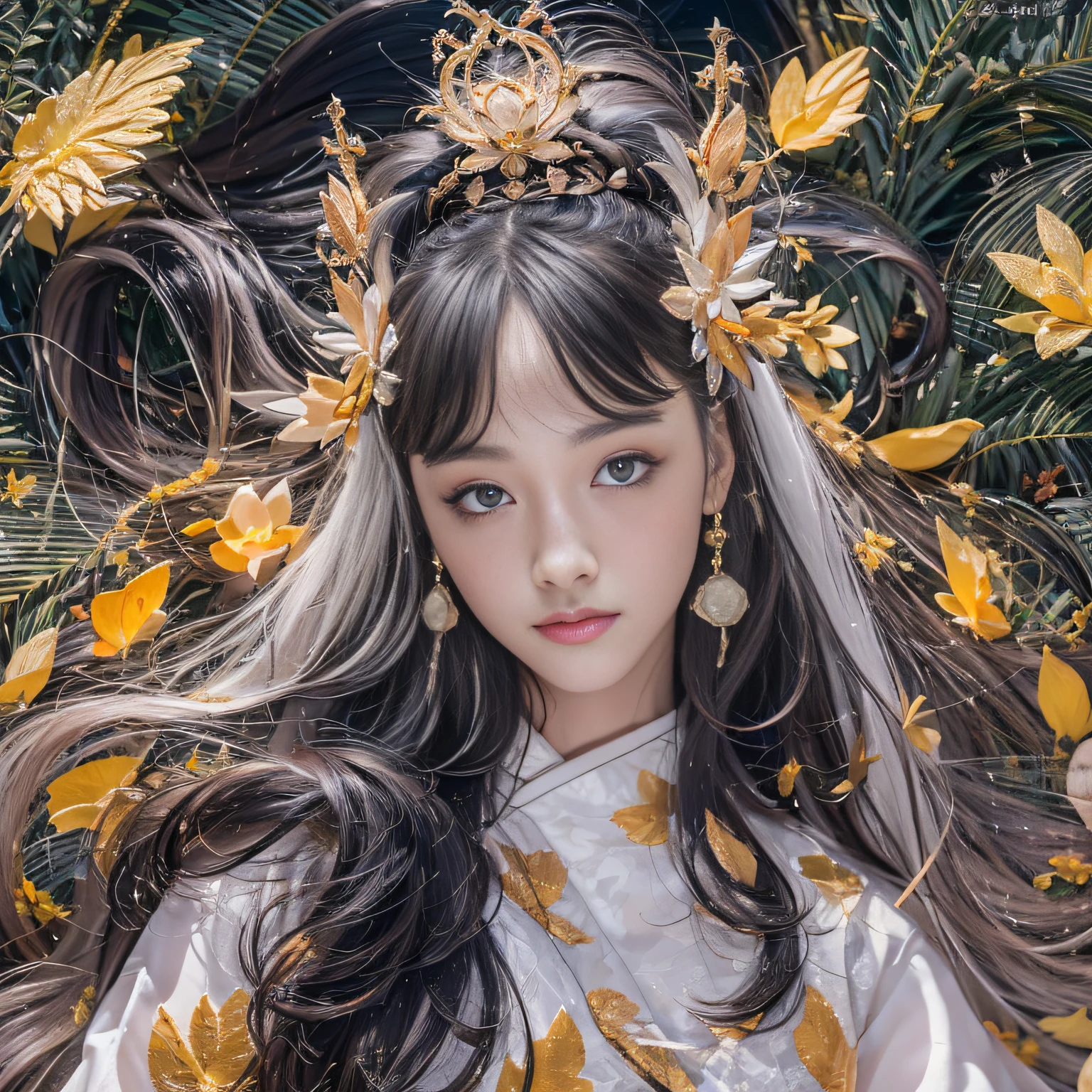 32K（tmasterpiece，k hd，hyper HD，32K）Long flowing black hair，ponds，zydink， a color，  Xuzhou people （Silly girl）， （Silk scarf）， Combat posture， looking at the ground， long whitr hair， Floating hair， Carp pattern headdress， Chinese long-sleeved clothing， （Abstract gouache splash：1.2）， Pink petal background，Pink and white lotus flowers fly（realisticlying：1.4），Black color hair，Fallen leaves flutter，The background is pure， A high resolution， the detail， RAW photogr， Sharp Re， Nikon D850 Film Stock Photo by Jefferies Lee 4 Kodak Portra 400 Camera F1.6 shots, Rich colors, ultra-realistic vivid textures, Dramatic lighting, Unreal Engine Art Station Trend, cinestir 800，Long flowing black hair，see-through transparent clothes