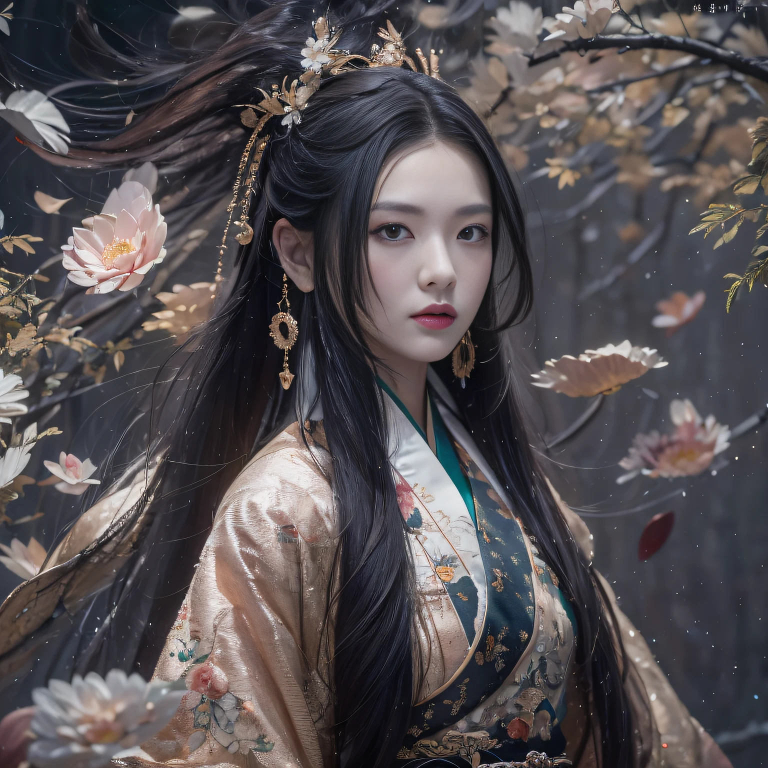32K(tmasterpiece,k hd,hyper HD,32K)Long flowing black hair,ponds,zydink, a color, Xuzhou people (Silly girl), (Silk scarf), Combat posture, looking at the ground, long whitr hair, Floating hair, Carp pattern headdress, Chinese long-sleeved clothing, (Abstract gouache splash:1.2), Pink petal background,Pink and white lotus flowers fly(realisticlying:1.4),Black color hair,Fallen leaves flutter,The background is pure, A high resolution, the detail, RAW photogr, Sharp Re, Nikon D850 Film Stock Photo by Jefferies Lee 4 Kodak Portra 400 Camera F1.6 shots, Rich colors, ultra-realistic vivid textures, Dramatic lighting, Unreal Engine Art Station Trend, cinestir 800,Long flowing black hair,see-through transparent clothes