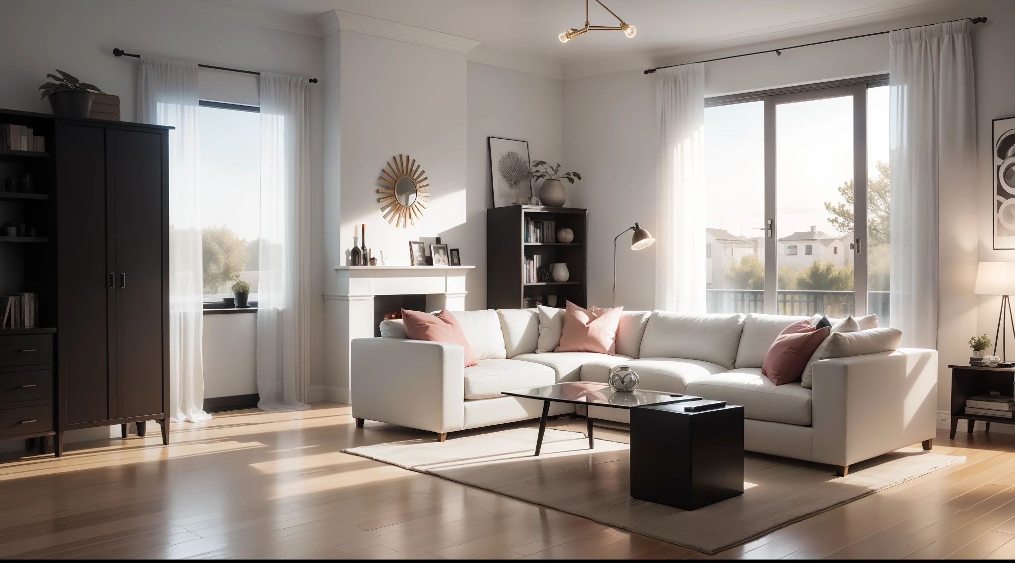 a modern room with a fireolace on with furnitures around with a light palete of color
