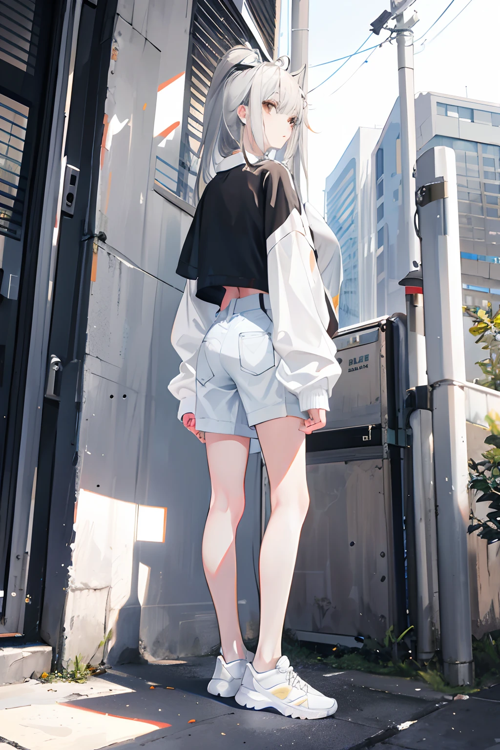A teenage girl,Gray hair ,The sun shines,Gray-black eyes,combed hair,long whitr hair,White bra,Bare back,short white pants,White sneakers,hands behind body,With his back to the camera,standing on your feet,full bodyesbian