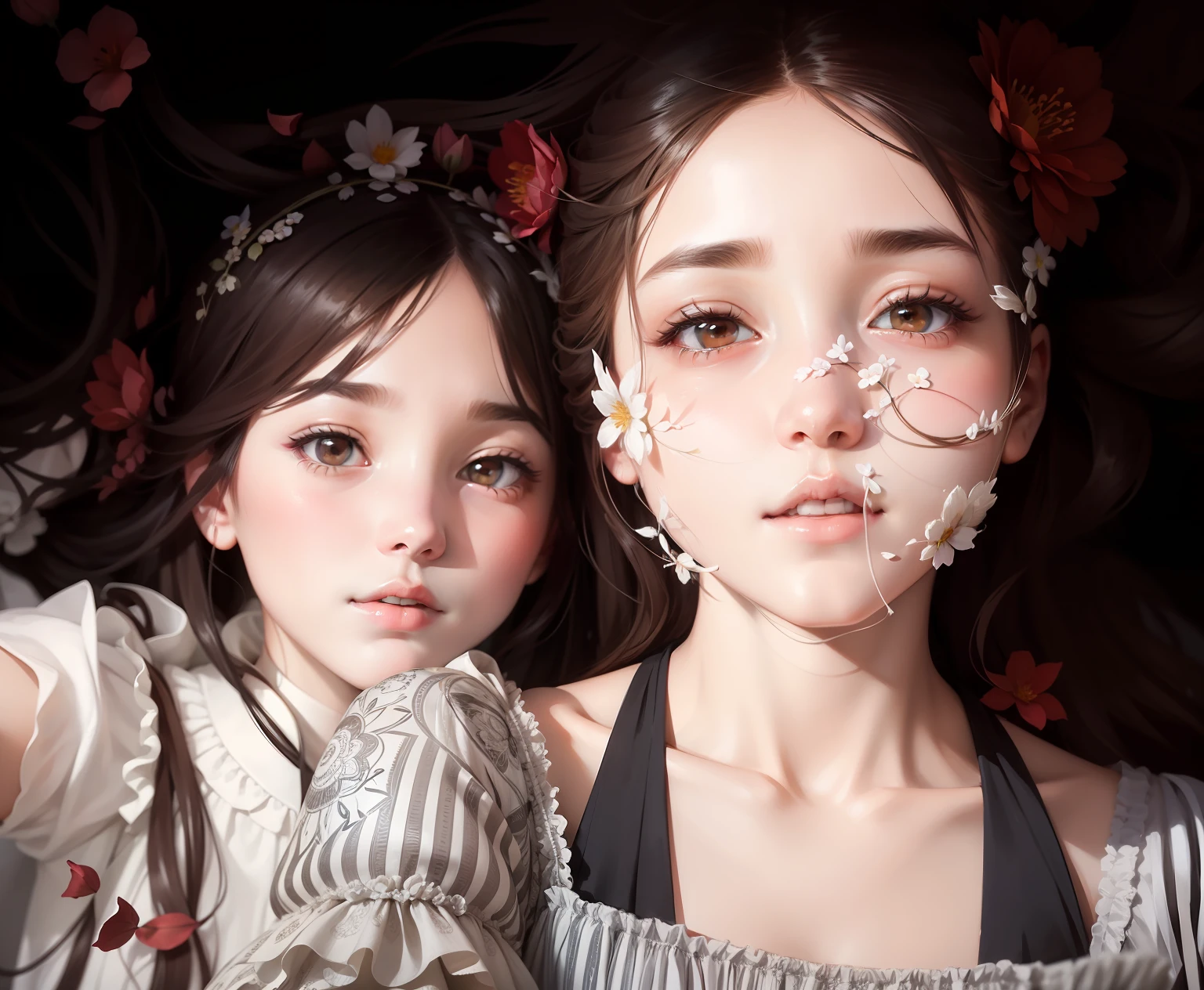 2 girls, white dresses, with long coiled hair， Brown hair, Beautiful face, Falling petals, Masterpiece, intricately details, Perfect anatomy, Facial and body details.surrounded by flower