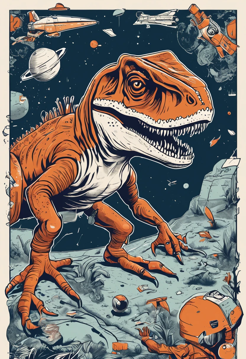 un t-rex animal con traje espacial, Linda imagen de estilo, fondo blanco, perfil, sticker, Fondo blanco limpio, vector profesional, High detail, T-shirt design, vibrante.