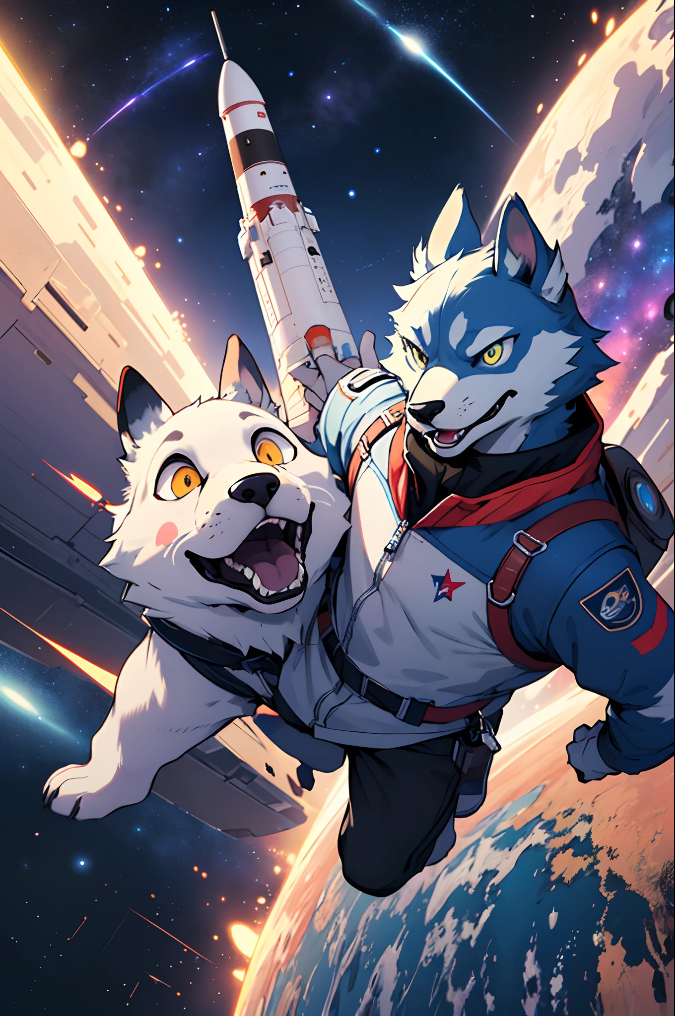 Create an image that captures Cosmic Charlie, the adventurous mascot of MoonShot Madness Coin, soaring through the cosmic expanse in a sleek rocket ship. As he navigates through a star-studded galaxy, his eyes light up with excitement, and a trail of stardust follows his path. The rocket is adorned with the MoonShot Madness Coin logo, and Charlie's expression reflects the determination to reach new heights in the crypto universe. The vibrant colors and cosmic backdrop symbolize the project's goal of achieving incredible gains and exploring uncharted territories