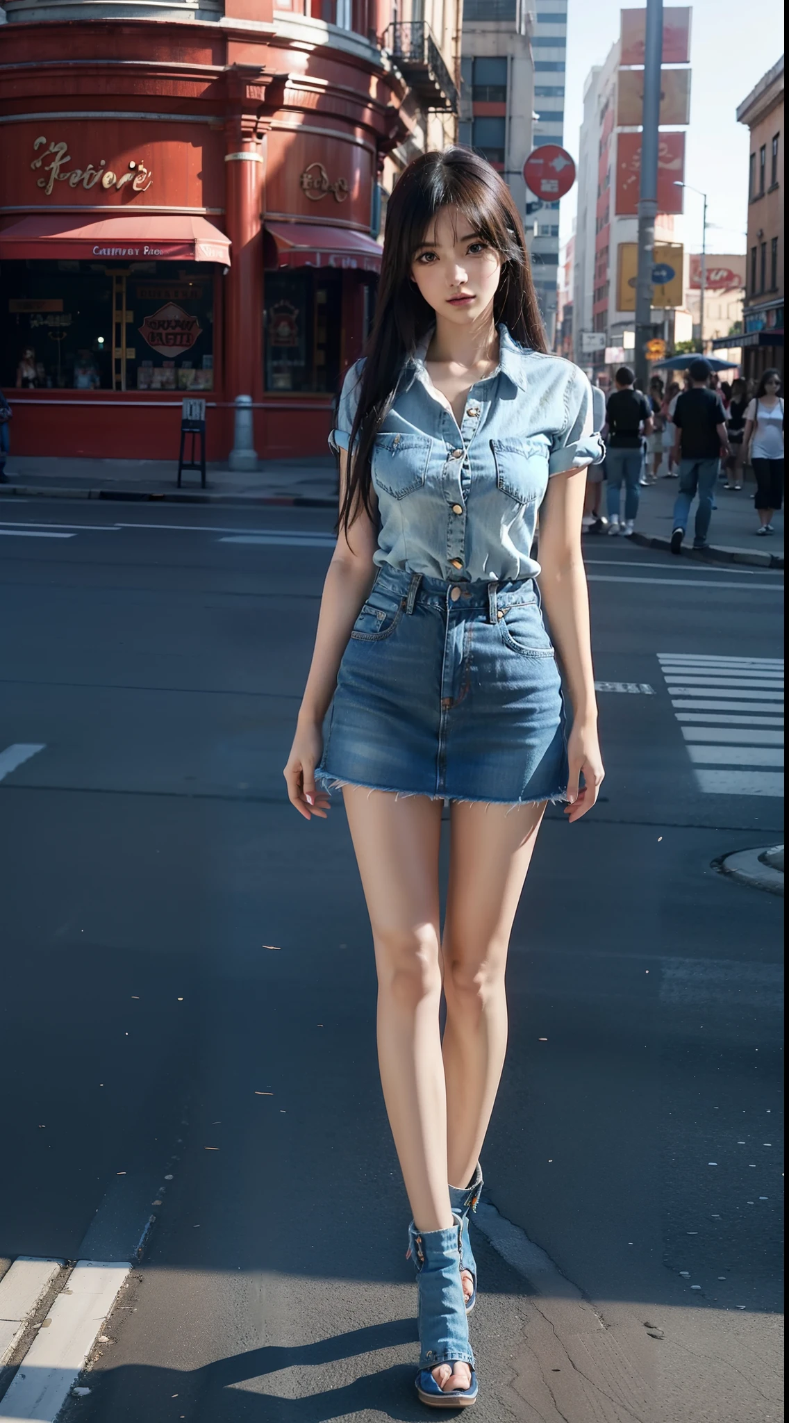 Carnival of women in short skirts and denim shirts, Realistic anime 3 D style, Photorealistic anime, Blue jeans. Unreal 5, 3 d anime realistic, hyper realistic anime, hyperrealistic full figure, anime highly detailed, photorealistic perfect body, Realistic anime, photorealistic full body, Anime girl in real life, character is in her natural pose