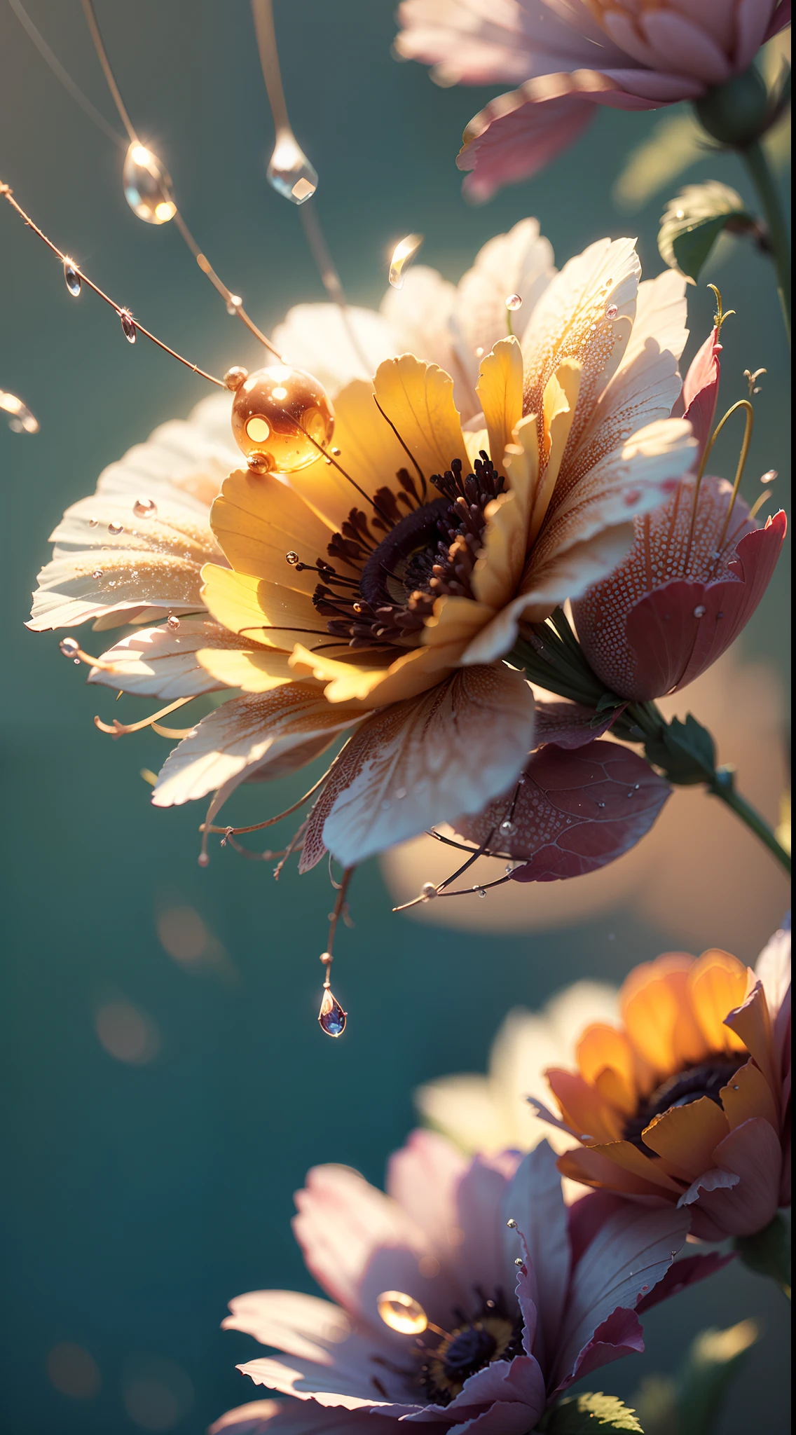 microscopic world , Masterpiece , Macro photography , cobweb, film grain, bokeh , smoke , highly detailed, Bright sunny weather, microflowers, drops, blur, poppy close-up, azure background