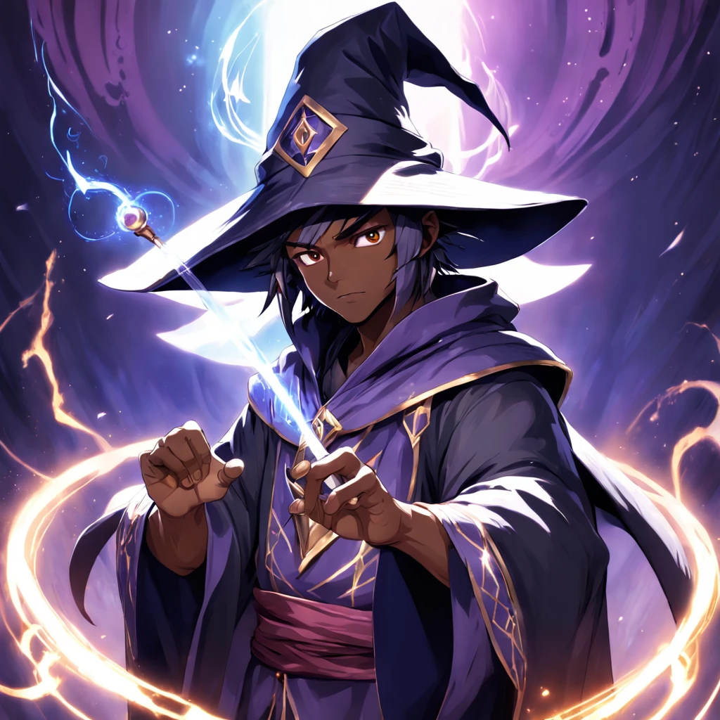 ((grand wizard and a master of magic)), ((mage robes and hat)), ((mature male)), ((early 20s)), toned, ((wizard male)), 1boy, Masterpiece, absurdres, fine detail, HDR, solo, upper body, charming expression, ((dark skin)), magic runes surrounding him, magic circle in background, ((hat covering eyes)), ((arms crossed)),