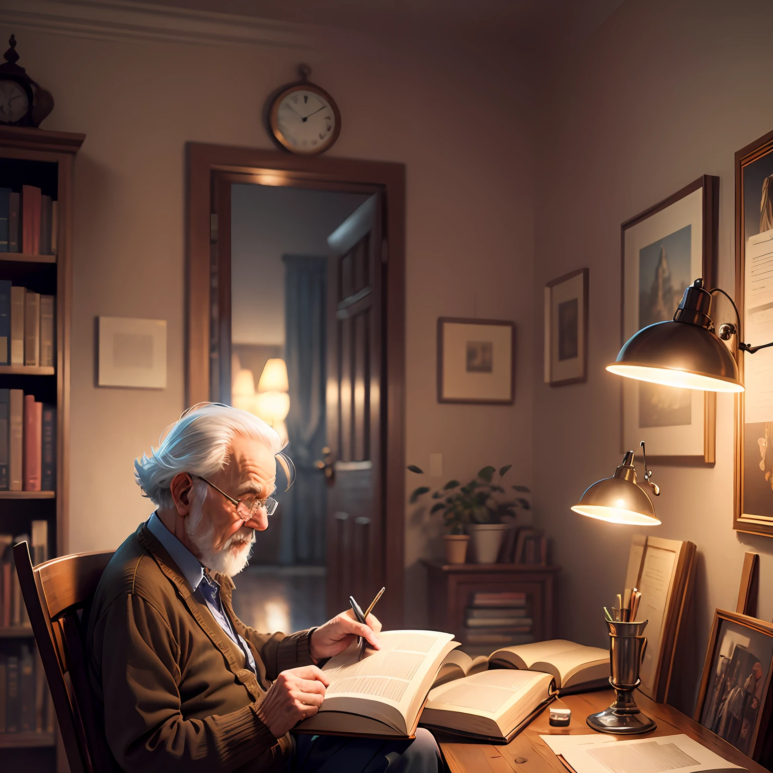 an old man reading an old book, twilight light, warm atmosphere, cultured atmosphere, (masterpiece) (perfect proportion) (photo realistic) (best quality) (detailed) (8k) (HDR) (wallpaper) (cinematic lighting) (sharp focus) (intricate)