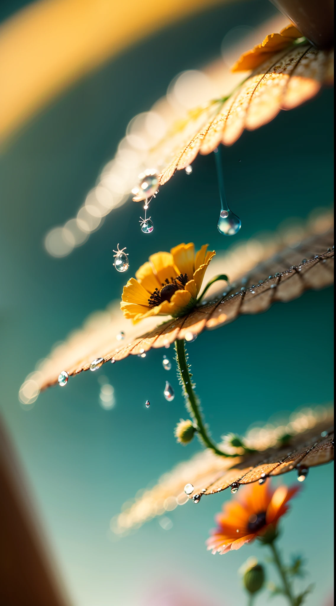 microscopic world , Masterpiece , Macro photography , cobweb, film grain, bokeh , smoke , highly detailed, Bright sunny weather, microflowers, drops, blur, poppy close-up, azure background