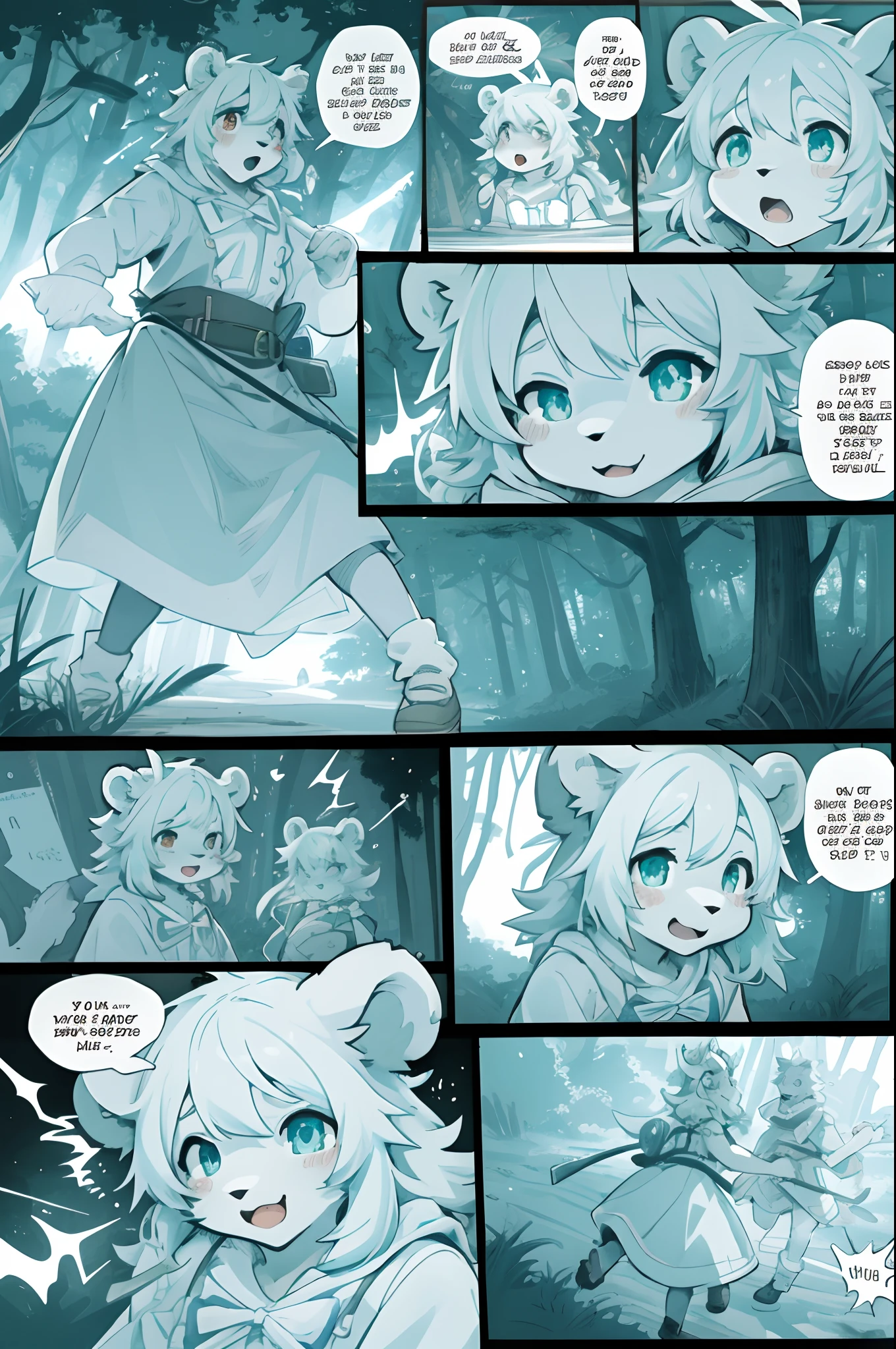 top quality, best quality, highres, masterpiece, super high resolution, detailed background, forest(super cute 1girl, bear, pair)singing, dancing, waltz, absurdres(highly detailed beautiful face and eyes)perfect anatomy, good lighting, cinematic shadow(kemono, furry anthro)assorted expressions, assorted poses, assorted angles, full body, upper shot, dynamic angle(girls comic-like panel layouts, speech balloon, English text, Hand-drawn sound effects stickers used in girls comic),