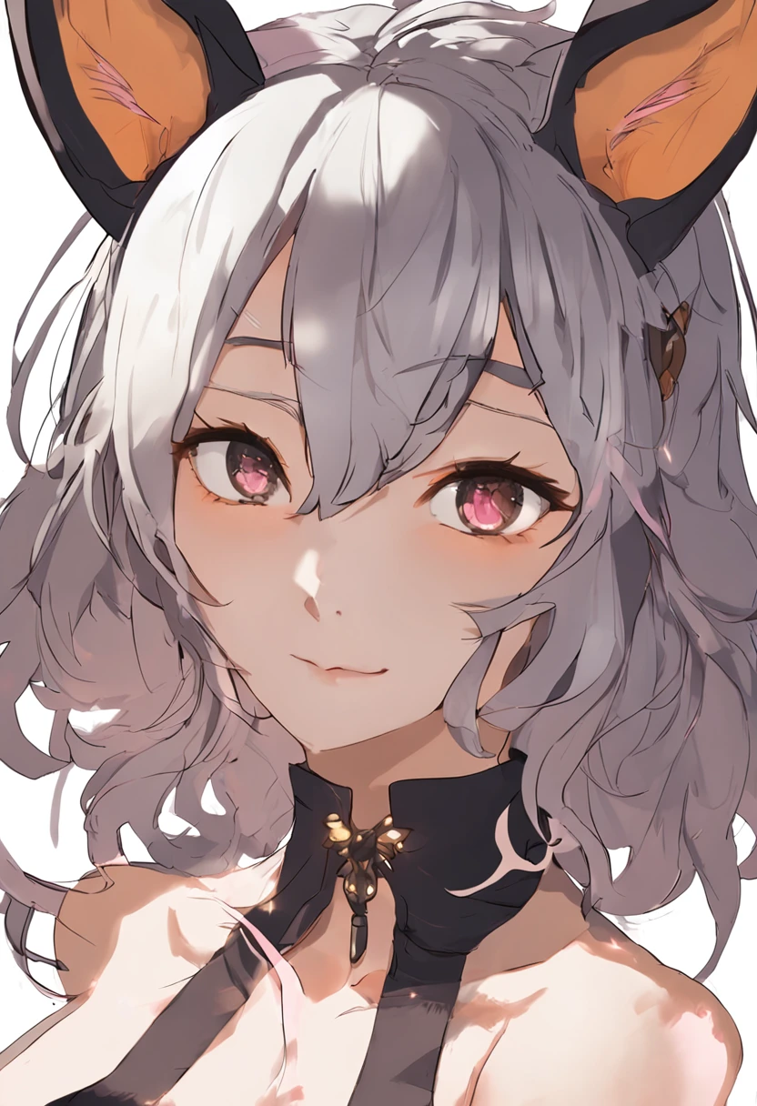 1girl, animal ears, bare shoulders, breasts, cat ears, cleavage, facial mark, fox ears, highres, large breasts, looking at viewer, mole, mole under eye, pink background, portrait, solo, whisker markings, yellow eyes