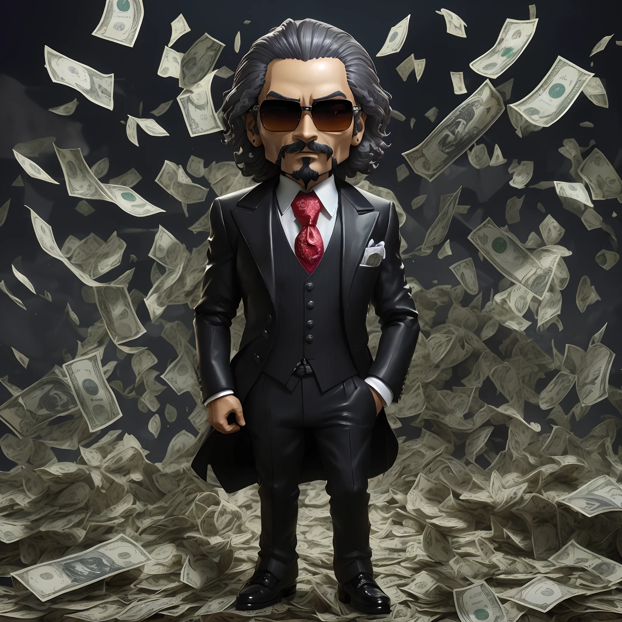 Alafed image of a man in a suit and tie standing in front of a pile of money, Snoop Dogg's anime Nendoroid, Action Figures, Karl Marx's anime Nendoroid, dressed in expensive clothes, Toy storage, high-detail iconic characters, wealthy, q posket, Super Rich, king of capitalism, big boss