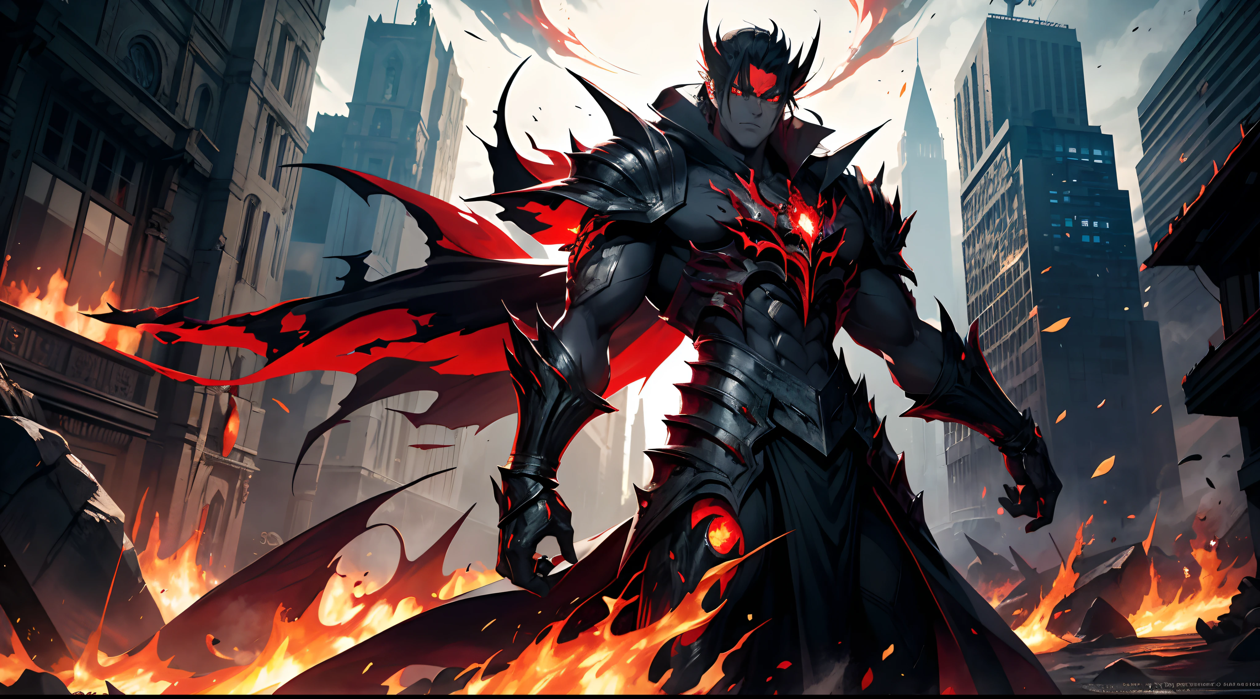 Garou's full-body scene with a handsome male face, red eyes, alduin, sharp fiery red eyes, darksiders art style, armor reflecting demon-inspired black flames, with fiery red eyes, crazy guts, black ancalagon.