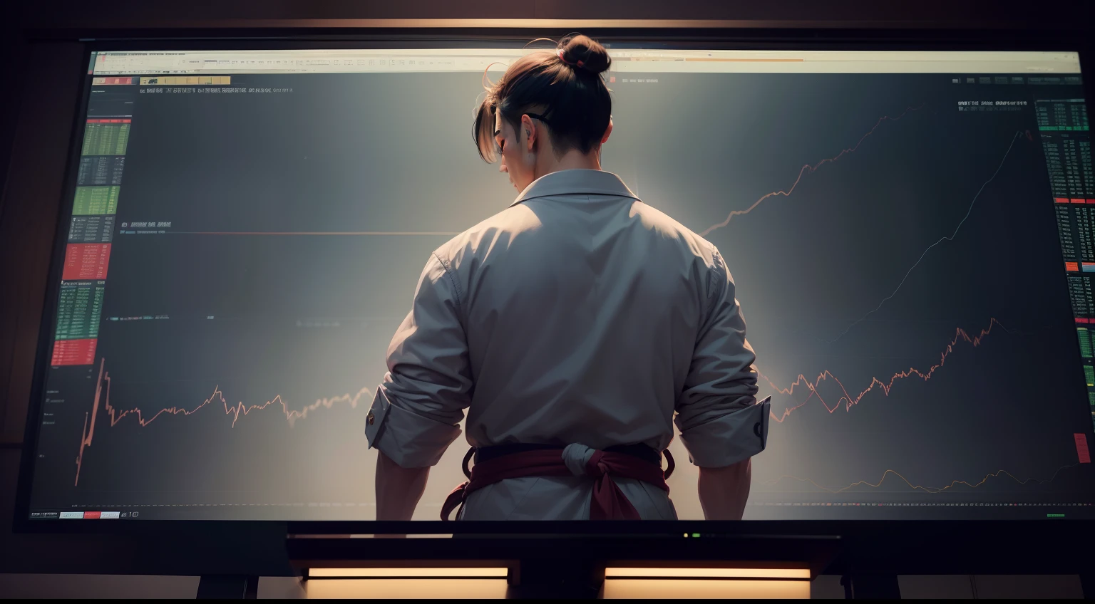 (Digital Painting)、(top-quality)、Man giving lecture in front of big chart screen、Spiel、Man explaining price movements、trader、Monitor currency charts、FX、exchange、Ukiyo-e Art Style、Hokusai's inspiration、Popular deviant art、8K Ultra Real、Pastel Color Schemes、Soft lighting、vibrancy