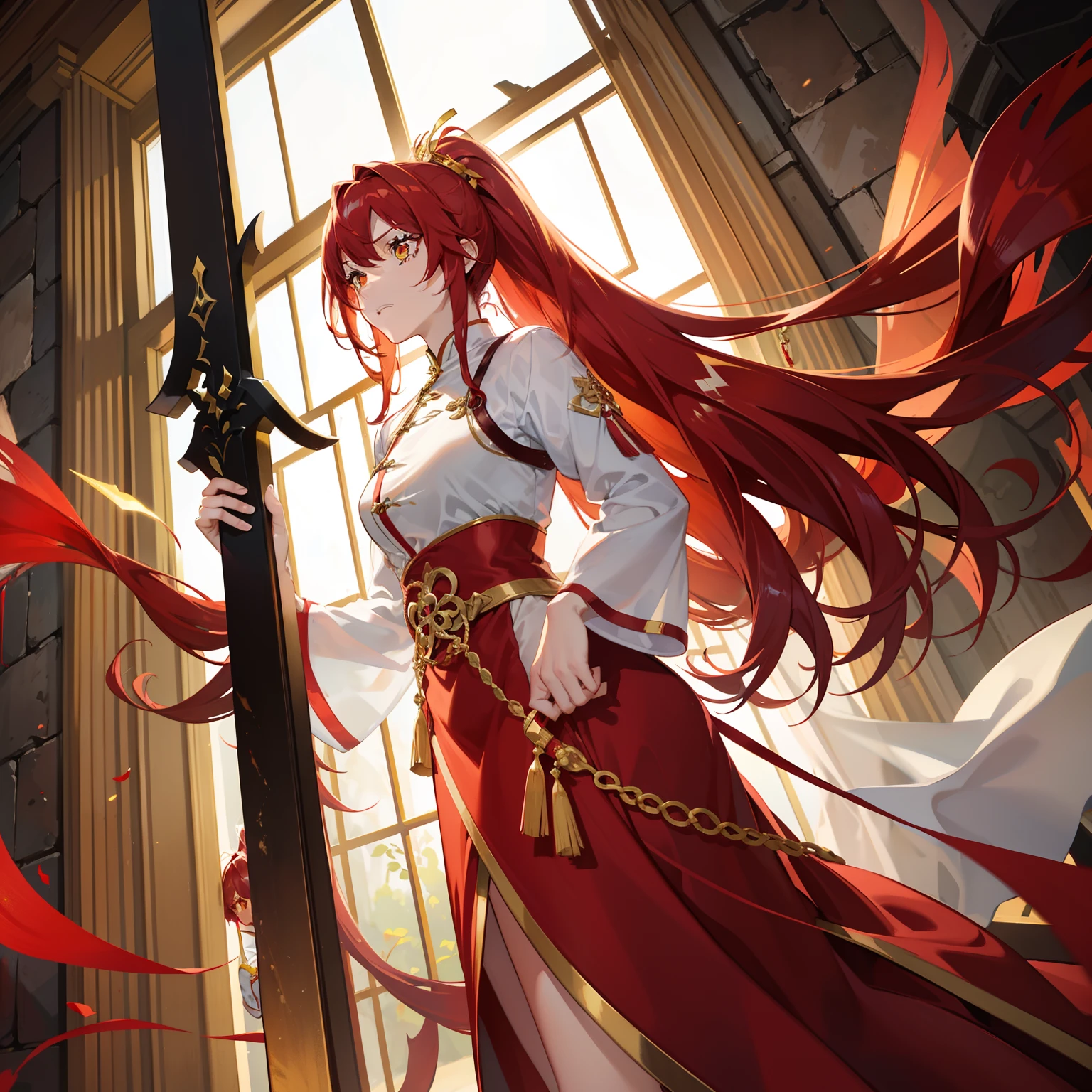 Long light red hair fluttering，Hair curtain，There are two hair curtains on either side，Light orange-yellow eyes，With a double ponytail，Wearing a white and red cheongsam，Average figure，Holding a large pair of crystal blue transparent scissors，Hold it in both hands，There was anger in his eyes，Biting his lip slightly，Stand among the roaring ruins，