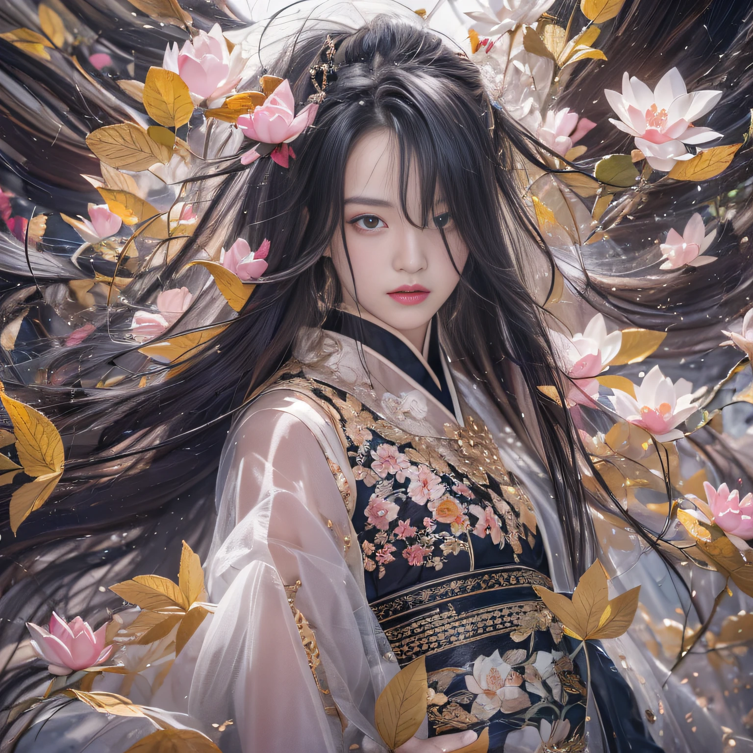 32K(tmasterpiece,k hd,hyper HD,32K)Long flowing black hair,ponds,zydink, a color, Xuzhou people (Silly girl), (Silk scarf), Combat posture, looking at the ground, long whitr hair, Floating hair, Carp pattern headdress, Chinese long-sleeved clothing, (Abstract gouache splash:1.2), Pink petal background,Pink and white lotus flowers fly(realisticlying:1.4),Black color hair,Fallen leaves flutter,The background is pure, A high resolution, the detail, RAW photogr, Sharp Re, Nikon D850 Film Stock Photo by Jefferies Lee 4 Kodak Portra 400 Camera F1.6 shots, Rich colors, ultra-realistic vivid textures, Dramatic lighting, Unreal Engine Art Station Trend, cinestir 800,Long flowing black hair,see-through transparent clothes