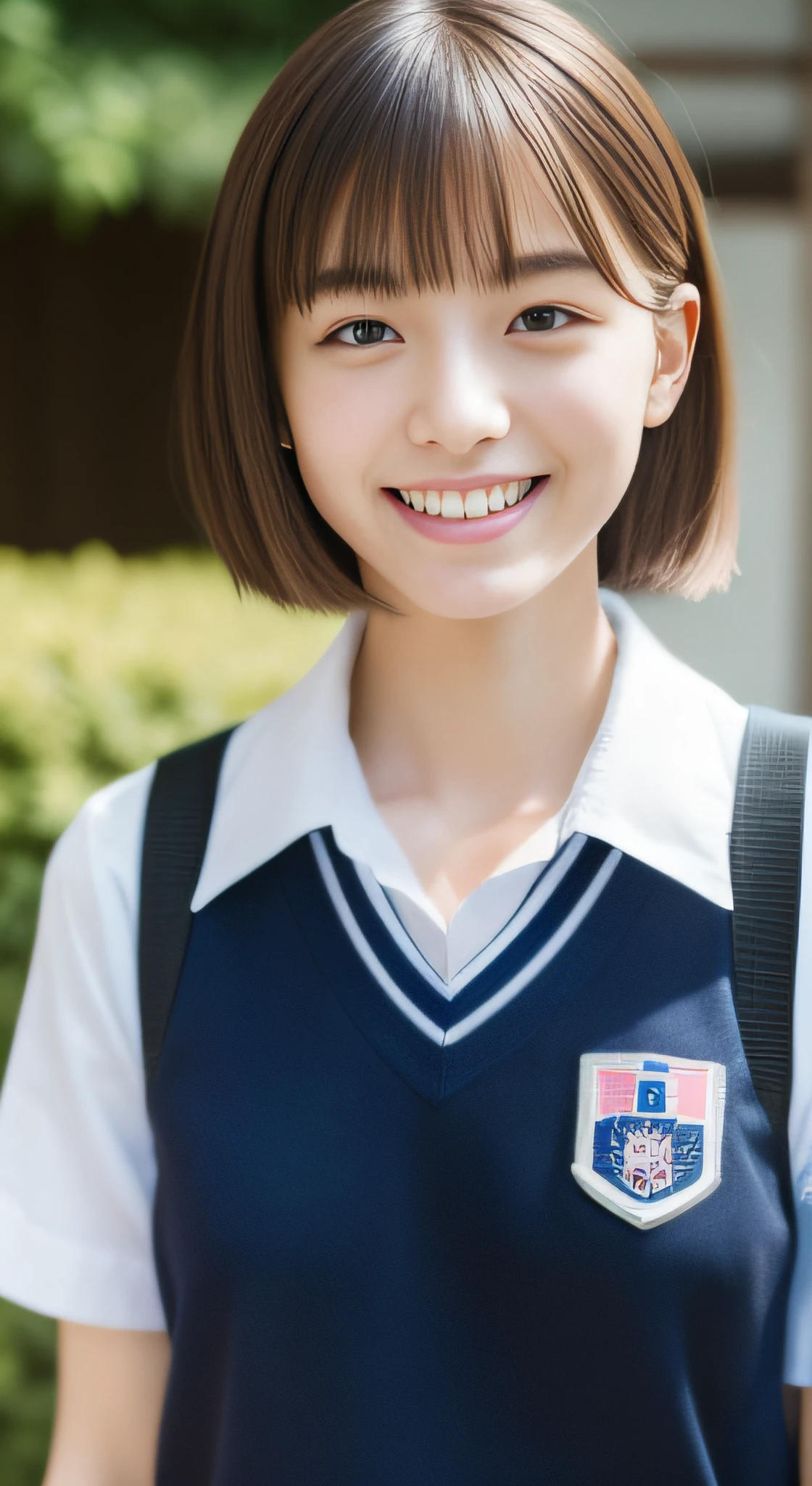 Short-cut hairstyles 、Women in Japan、Summer School Building、Skinny Legs、Extraordinary beauty、Cute face、The best smile、Cute smile、frontage、slender、Schools、 (Raw foto:1.2), (Photorealsitic:1.4), a beautiful detailed girl, extremely detailed eye and face, beatiful detailed eyes, hight resolution, ighly detailed, top-quality, masterpiece, ((Japanese girls' high school uniform)), ighly detailed, nffsw, 8k wallpaper, magnifica, finely detail, top-quality, Highly detailed ticker uniform、 Light on the Face、The upper part of the body、Summer Uniforms、large full breasts、from waist up