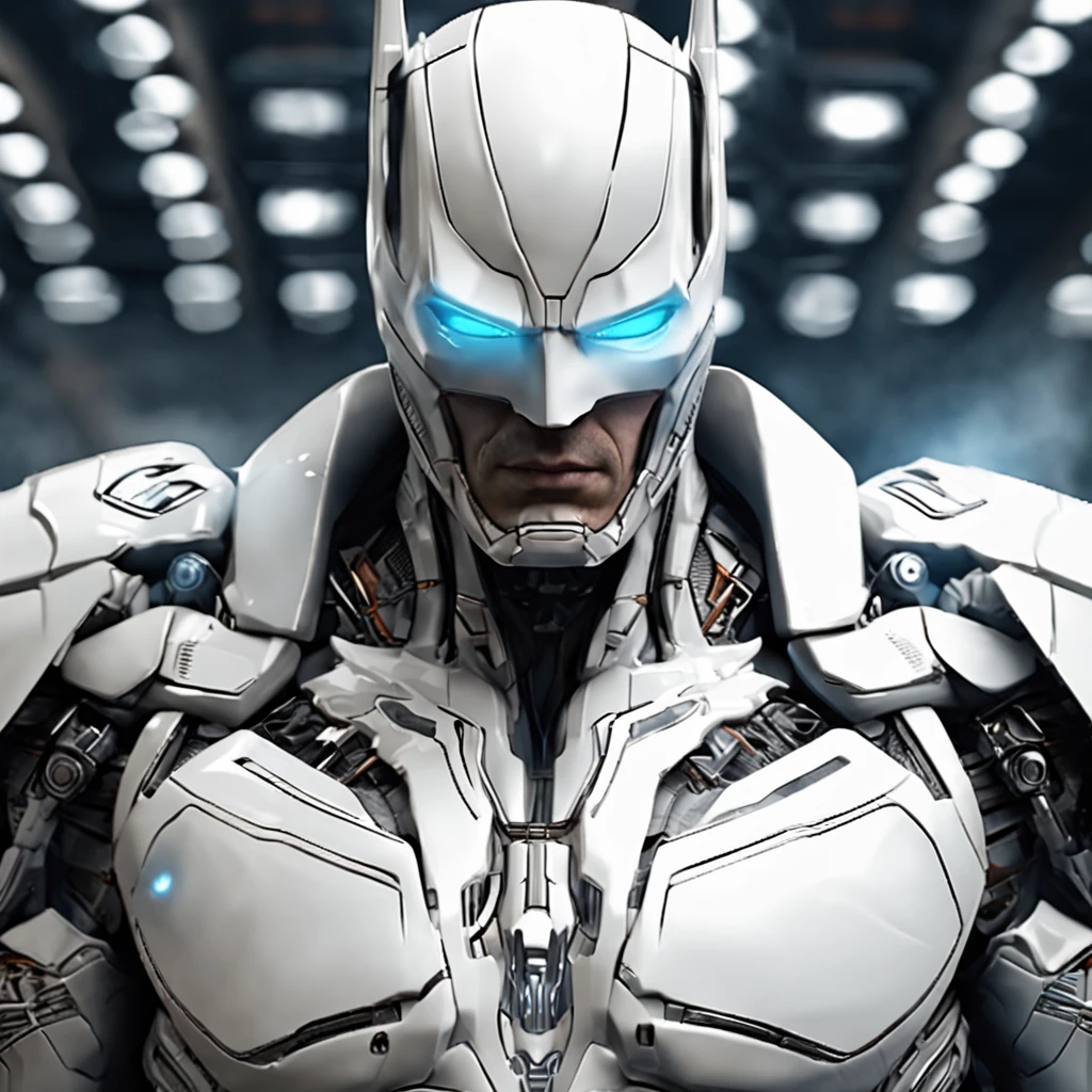 spectacular, Master parts, :The realistic White Batman focuses on the advanced cybernetic suit Orba Prima, high high quality ::n_Style drawing, Low-quality defects,
