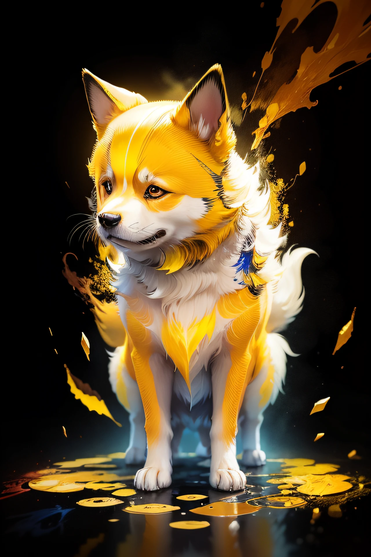 Cute Japanese dog，Yellow hair，Prismatic fragments，Reflect fractal circles，ink spatter，Melted brushstrokes，particles vortex，dramatic  lighting，high high quality，tmasterpiece