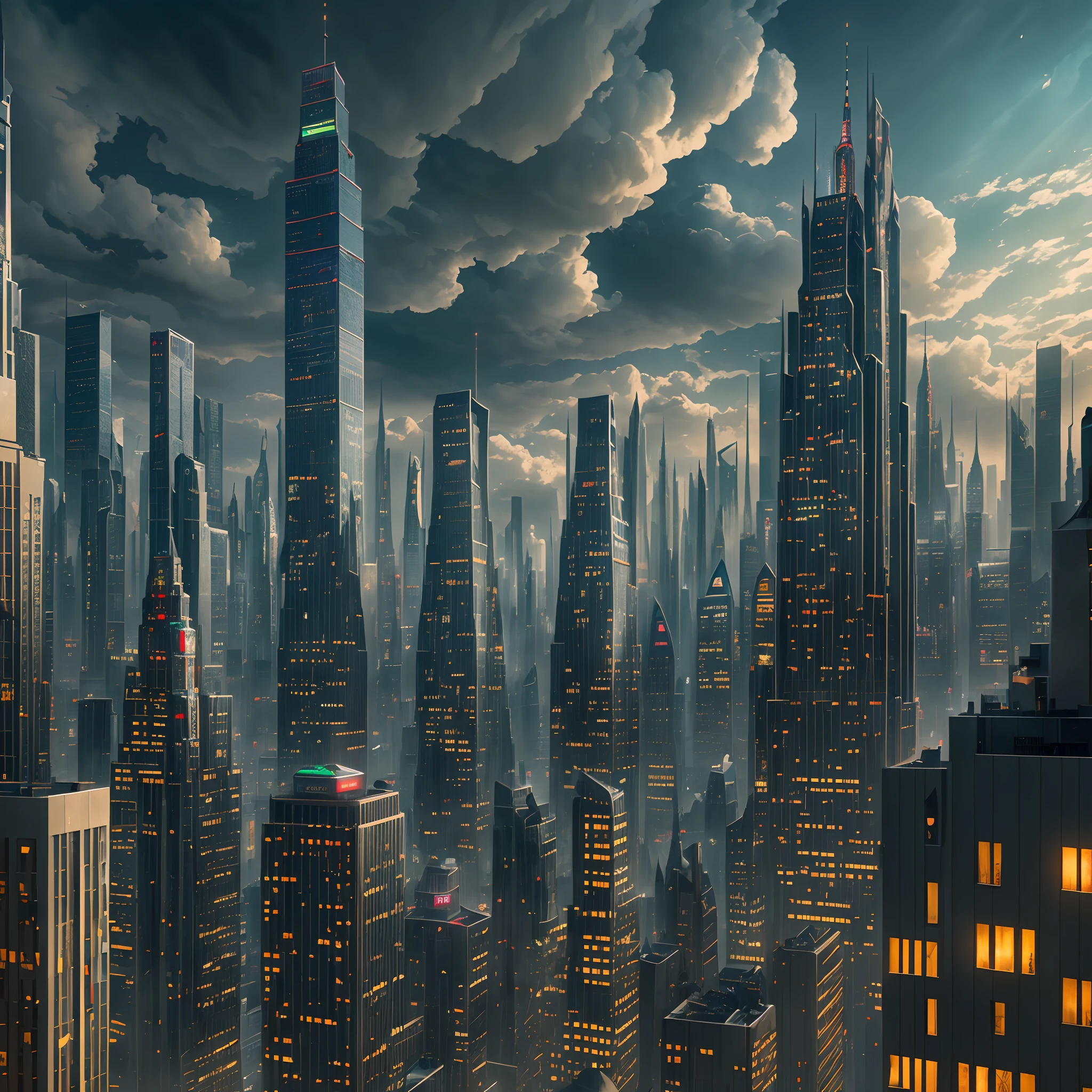 "Ideal city": A new century metropolis covered with dark clouds, towering skyscrapers, Intricate bridges, and airships gliding between buildings, surrealism, color field printing, High detail, hyper HD, 8K, Anatomically correct, cinematic lighting 4d quality