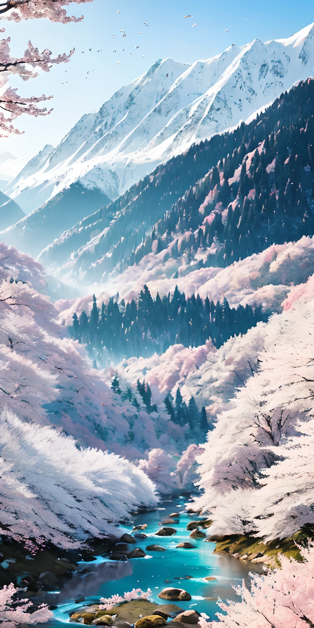 deep forest, distant mountains, flying birds.2D style, bright, vibrant,Cherry blossoms cover the mountainside, and in the distance a sunrise can be seen,A small stream winds its way, and on the bank there are several narcissus flowers,Sunrise