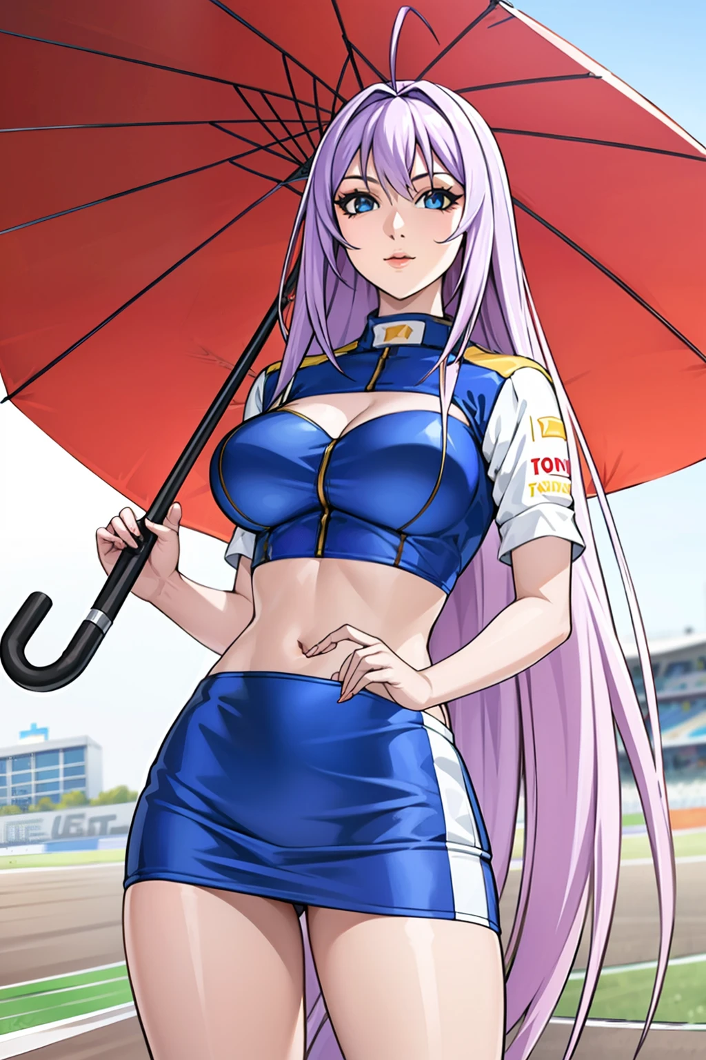((Formula One)), race track, miniskirt, crop top,background, perfect eyes:1.2, detailed eyes:1.4, very long hair, ahoge, cowboy shot, umbrellaLORA, holding umbrella, Maya-Natsume-KJ, race_queen, clothing cutout, looking at viewer, Ultra-realistic 8K CG, masterpiece, ((ultra-detailed background, delicate pattern, intricate details)), best quality, intricate details, 1girl, solo, (masterpiece:1.6, best quality),