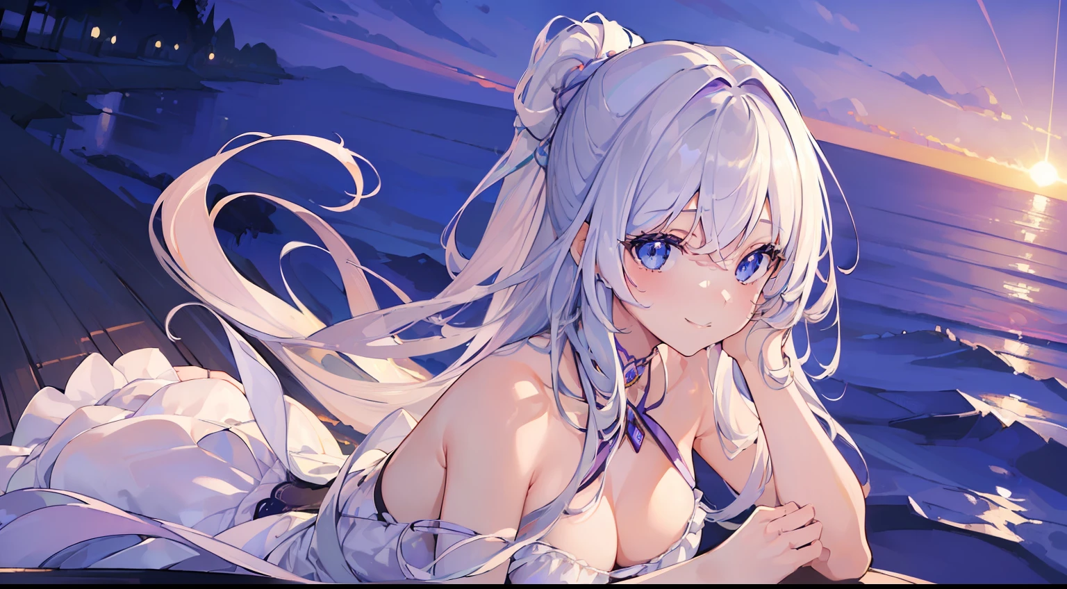 (Masterpiece, Best quality, A high resolution:1.4), 1girll, ((Unity 8k wallpaper, illustration, , beautiful and delicate detailed girl)), Small breasts, , Smile,Girl, Long hair, White hair, Blue eyes,Close-up,against backlight at dusk,, strong rimlight, intense shading, beautiful purple sunset at beach,a white long skirt,Leaning forward,
